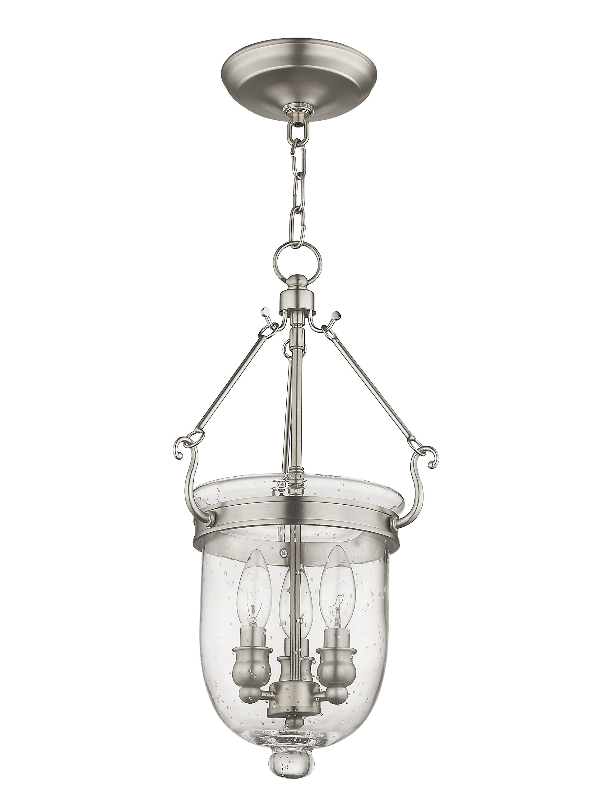Livex Lighting 5083-91 Jefferson 3-Light Brushed Nickel Hanging Lantern with Seeded Glass Bell Jar - Perfect for Dining Room, Kitchen Island, or Entryway Lighting