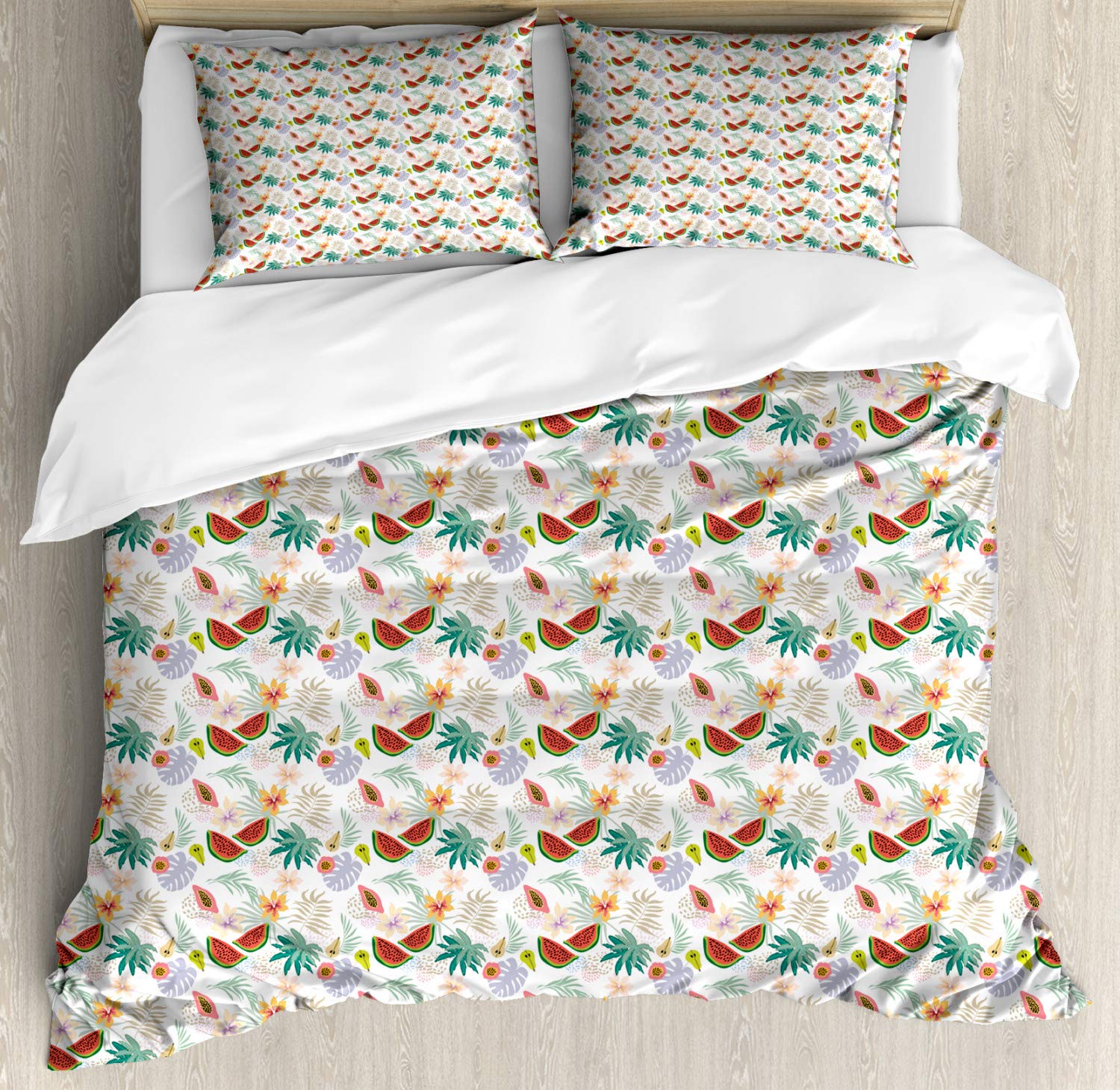 Ambesonne Tropical Duvet Cover Set - King Size 3-Piece Botanical Bedding with Watermelon, Papaya & Pears Print, Retro Nature Design in Teal & Cinnamon | Perfect for Beach House, Boho Bedroom or Summer Home Decor
