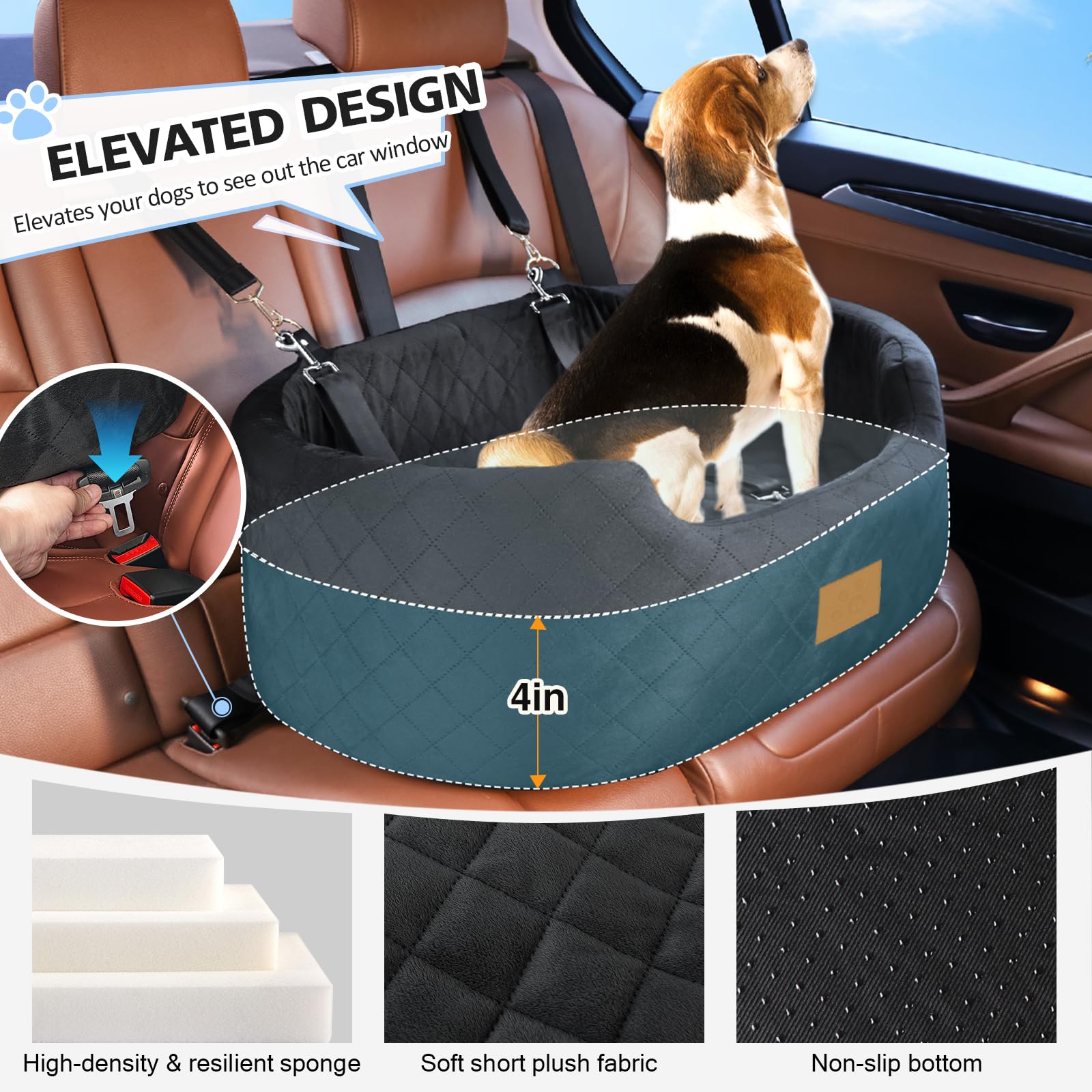 Premium Dog Car Seat for Medium Dogs Up to 50 lbs - Safe Pet Booster Seat for Cars, SUVs & Trucks - Travel Dog Bed with Safety Strap, Thick Cushion & Non-Slip Base - Washable, Portable & Comfortable (Black) - Perfect for Road Trips, Vet Visits & Daily Commutes