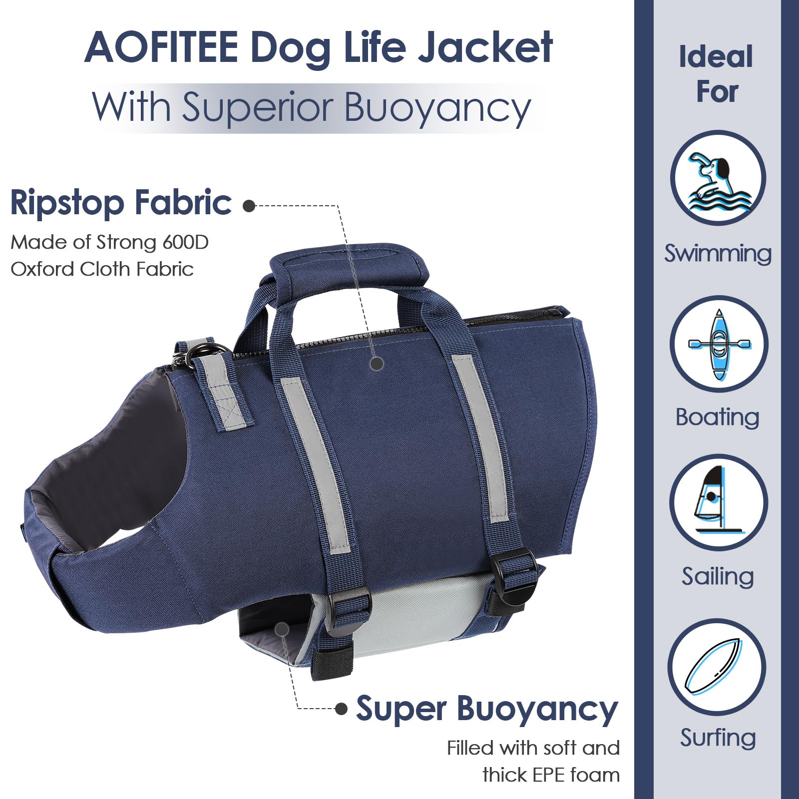 **AOFITEE Dog Life Jacket - High Flotation Adjustable Pet Vest for Swimming & Water Safety, Reflective Dog Life Vest with Zipper & Rescue Handle for Small, Medium, Large Dogs - Perfect for Boating, Beach & Pool Adventures**