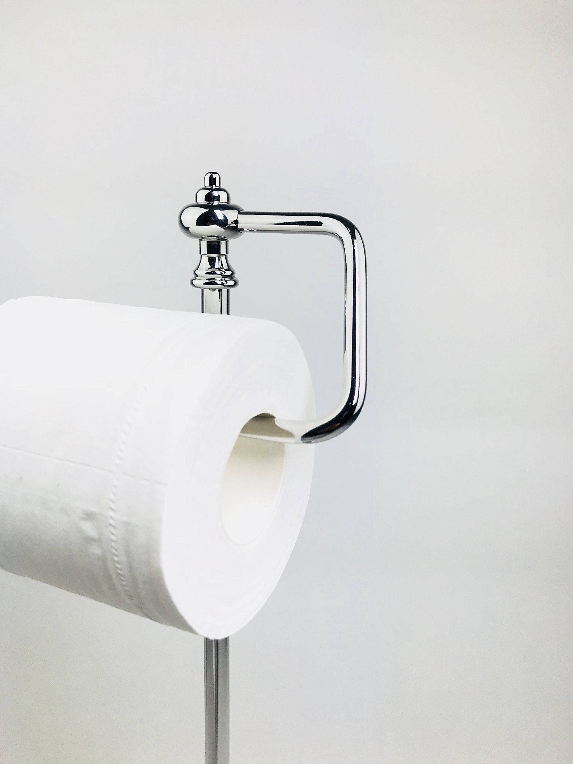 SunnyPoint Free Standing Toilet Paper Holder with Reserve Storage - Chrome Bathroom Tissue Roll Stand | Perfect for Small Bathrooms, Powder Rooms & Guest Toilets