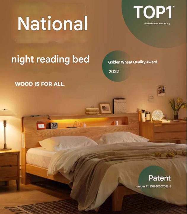 Solid Oak and Beech Wood Bed with Built-in LED Lights and Bookshelf - Modern Bedroom Furniture for Small Spaces, Lofts, and Studio Apartments
