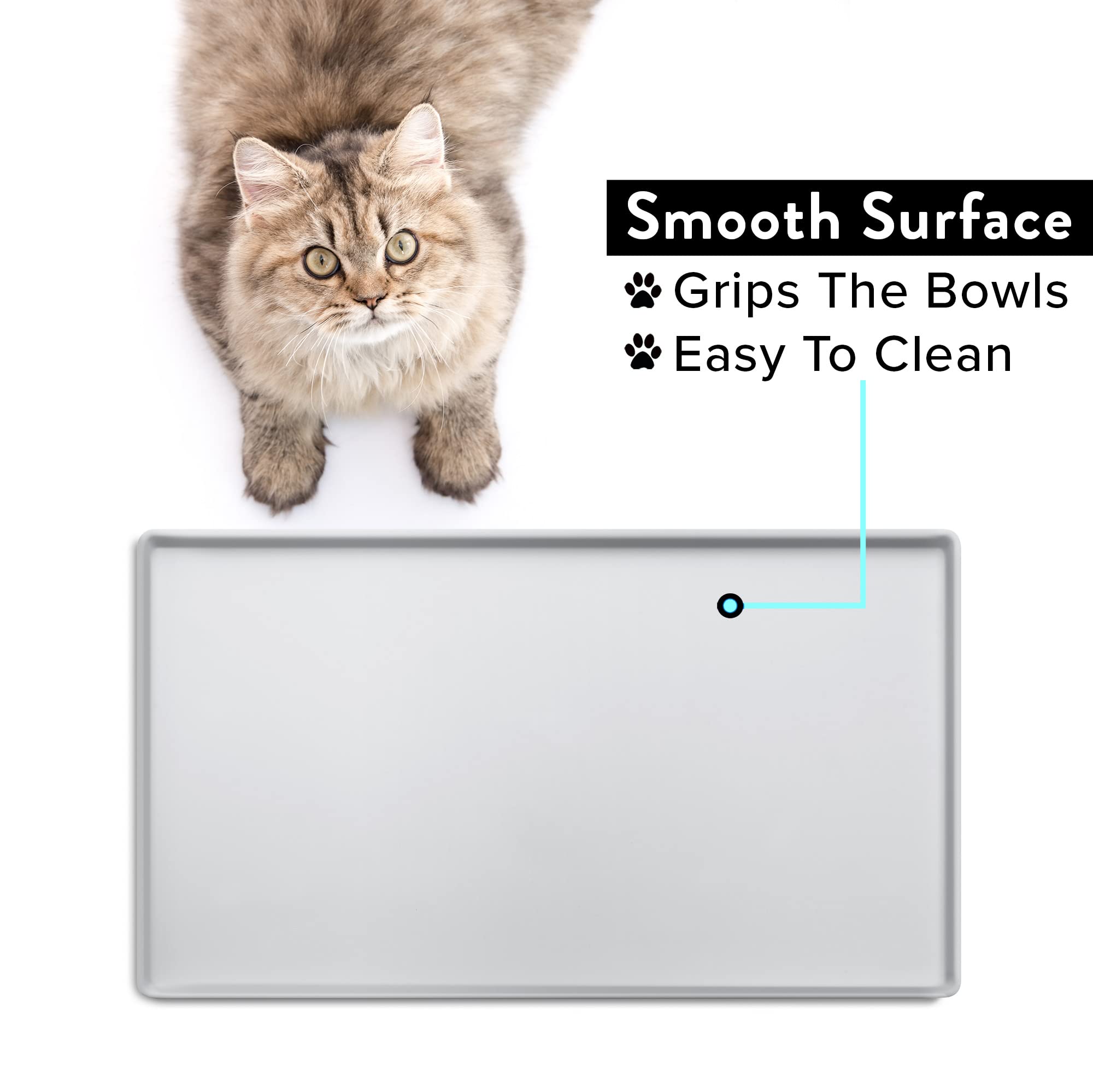 Premium CatGuru Silicone Cat Food Mat - Small & Large Waterproof Pet Feeding Mat for Food & Water Bowls | Non-Slip, Easy Clean Cat Dish Mat | Perfect for Wet Food, Dry Food & Water Fountains (Small, Silver) - Ideal for Kitchen Floors, Feeding Stations & Multi-Cat Households
