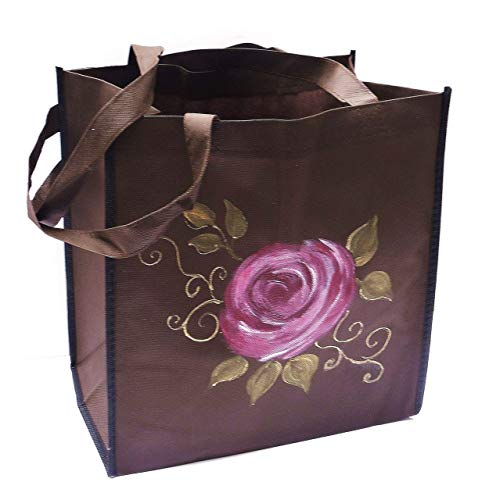 Large Foldable Reusable Sturdy Brown Grocery Shopping Tote Bag with Long Handles - Eco-Friendly Hand Painted Pink Rose Design for Groceries, Farmers Market & Beach Trips