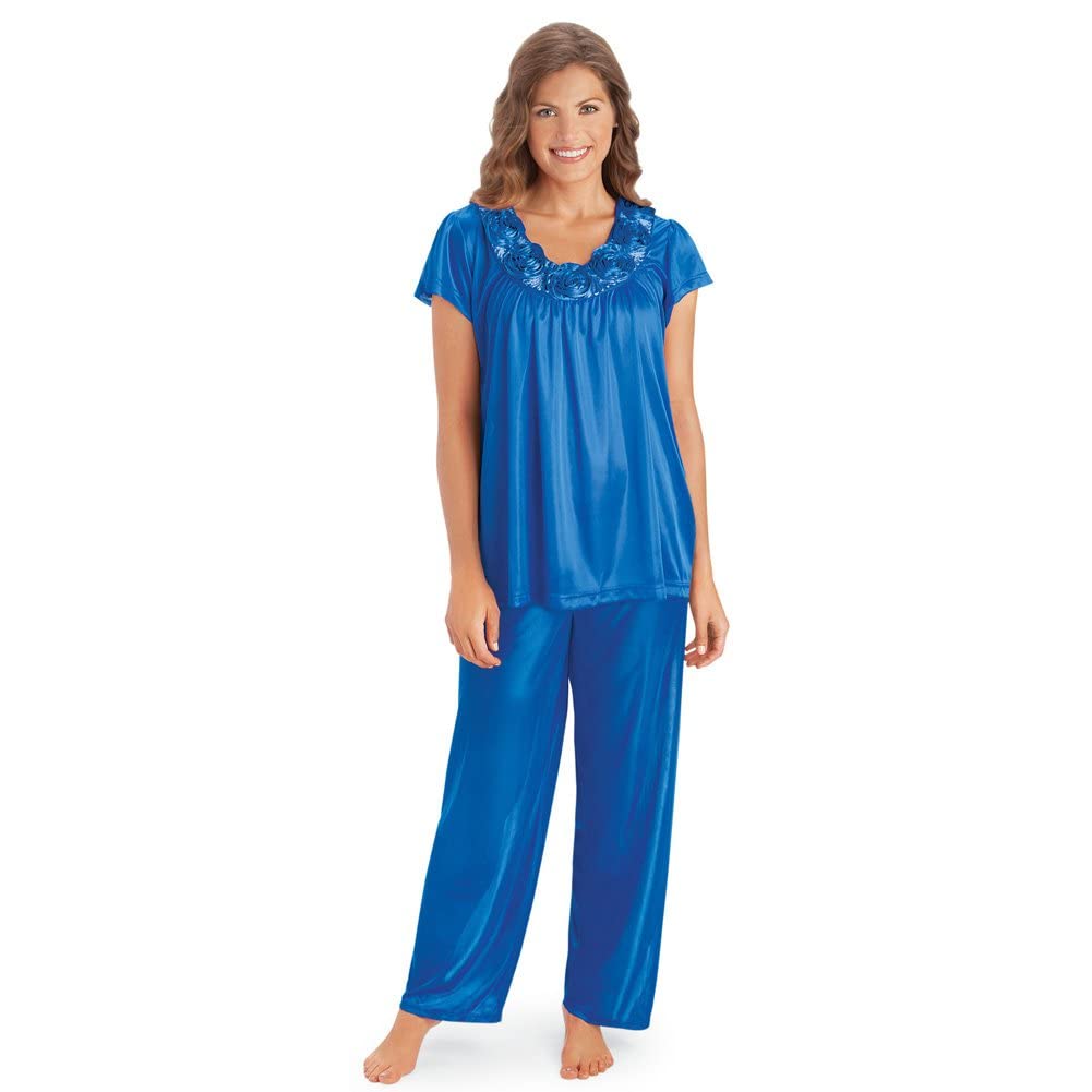 Collections Etc Rose Trim Short Sleeve Pajama Set for Women - Soft & Comfortable Sleepwear for Nighttime Relaxation & Lounging