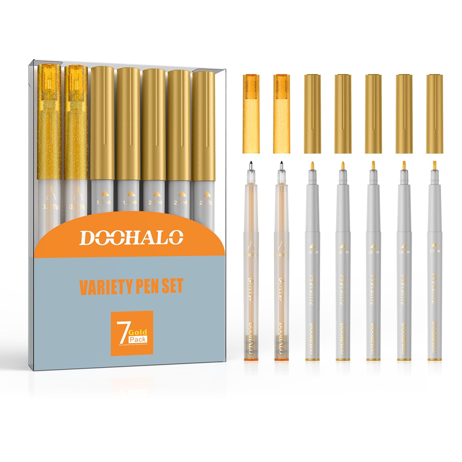 DOOHALO Gold Metallic Gel Glitter Pens - 8-Pack Variety Point Tips (0.8mm-2.5mm) for Cricut Maker 3, Maker, Explore 3, Air 2 & Air - Perfect for Drawing, Writing, Scrapbooking, Card Making & DIY Crafts