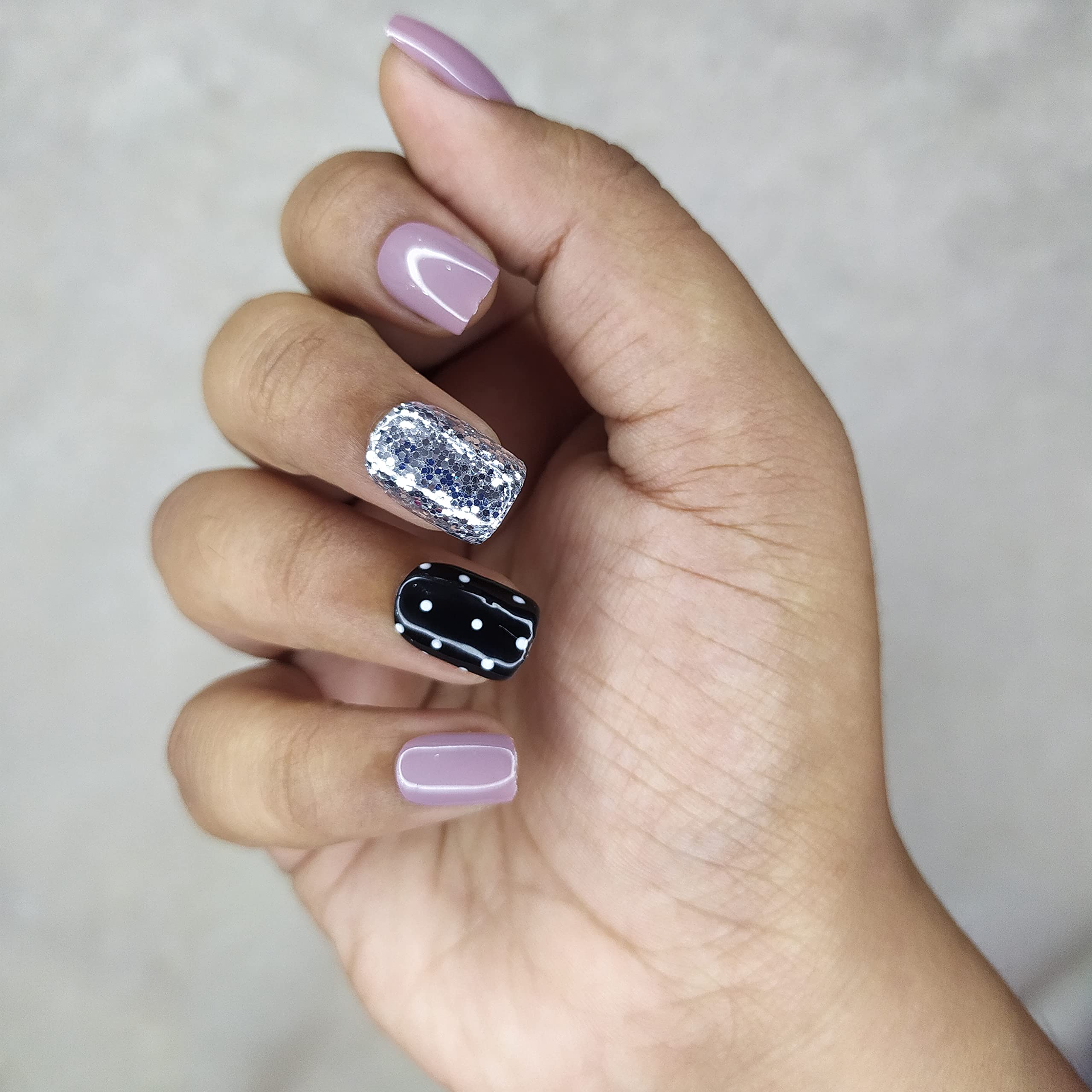 Glossy Mauve Press on Nails with White Dots & Glitter - Square Fake Nails Kit (20pcs) with Complete Application Tools - Perfect for Parties, Weddings & Everyday Wear