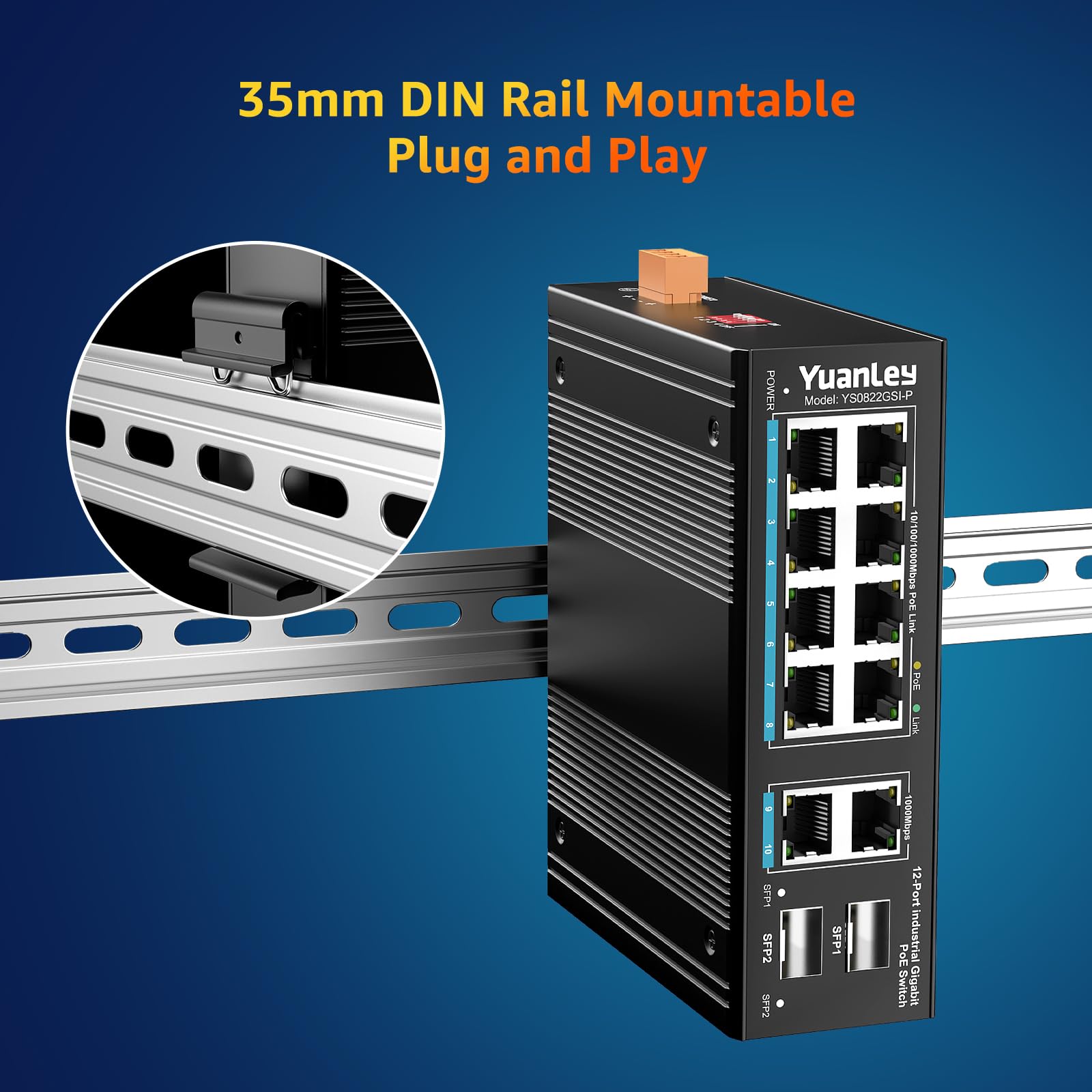YuanLey 12 Port Industrial Ethernet Switch with 8 PoE Gigabit Ports, 2x 1000Mbps Uplink, 2 SFP Slots, Unmanaged DIN-Rail PoE Switch - IEEE 802.3af/at, 24Gbps Switching Capacity, IP40, Fanless Design - Ideal for Factory Automation, Security Camera Systems & Industrial IoT Networks