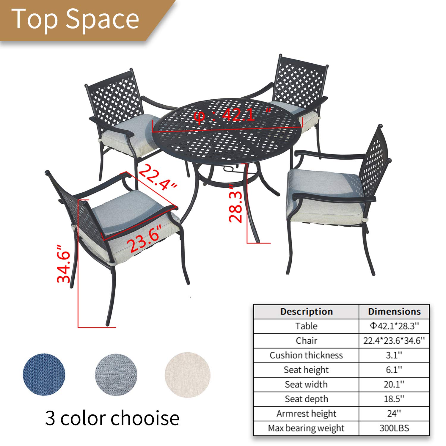 **PatioFestival 5-Piece Outdoor Dining Set with Cushions - Steel Table with Umbrella Hole & Armrest Chairs (Grey) - Perfect for Backyard, Garden, and Patio Entertaining**