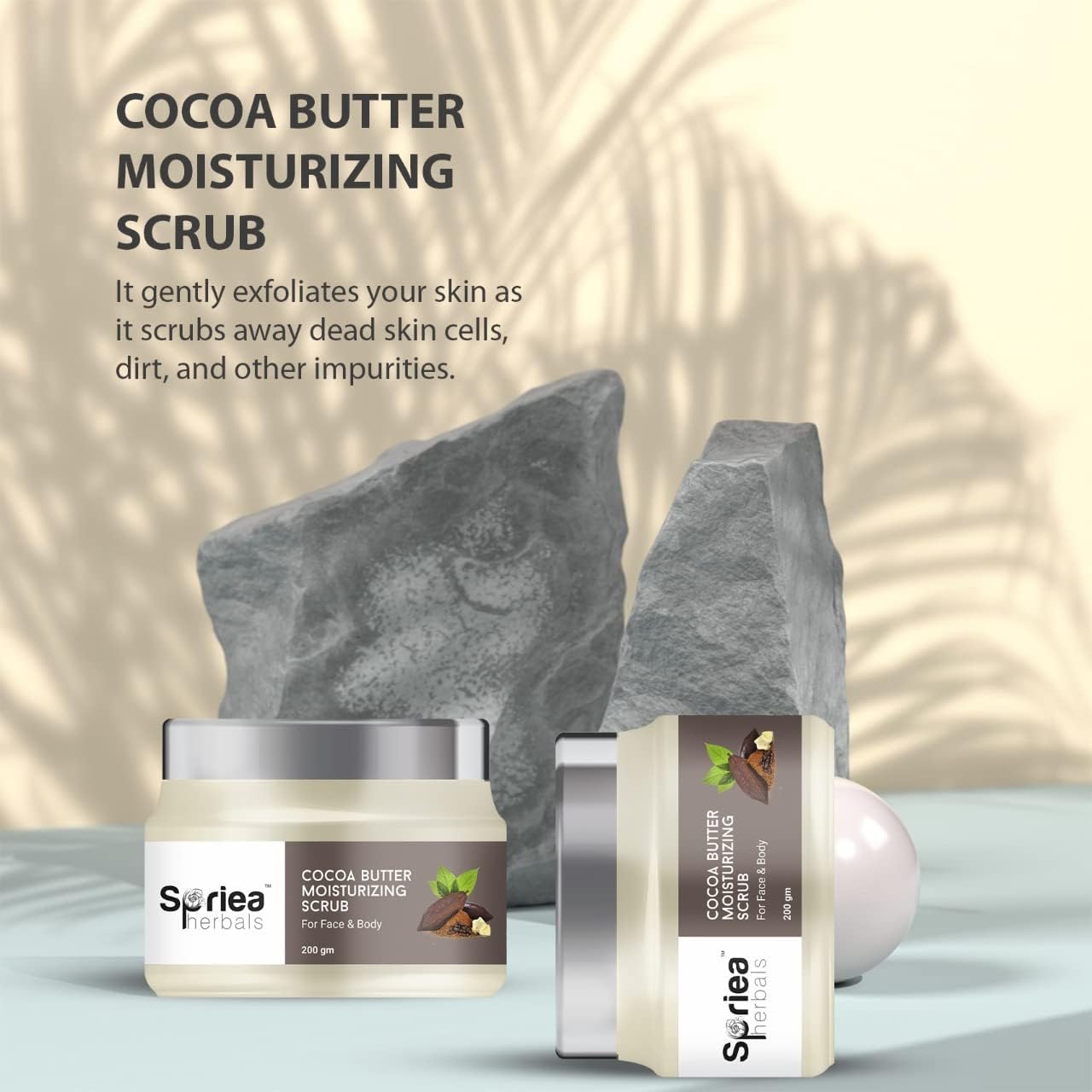 Spriea Herbals Natural Cocoa Butter Face & Body Scrub - Moisturizing & Exfoliating Skin Care for Dry Skin - Gently Removes Dead Skin Cells, Dirt & Impurities - 200g (Pack of 1) - Perfect for Spa Day, Self Care Routine & Gift Giving