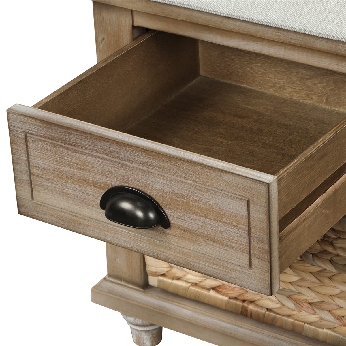 Storage Bench with 3 Drawers & 3 Rattan Baskets, Rustic White Washed Ottoman with Removable Cushion - Entryway Shoe Bench, Bedroom Storage Organizer for Shoes, Blankets & Home Decor