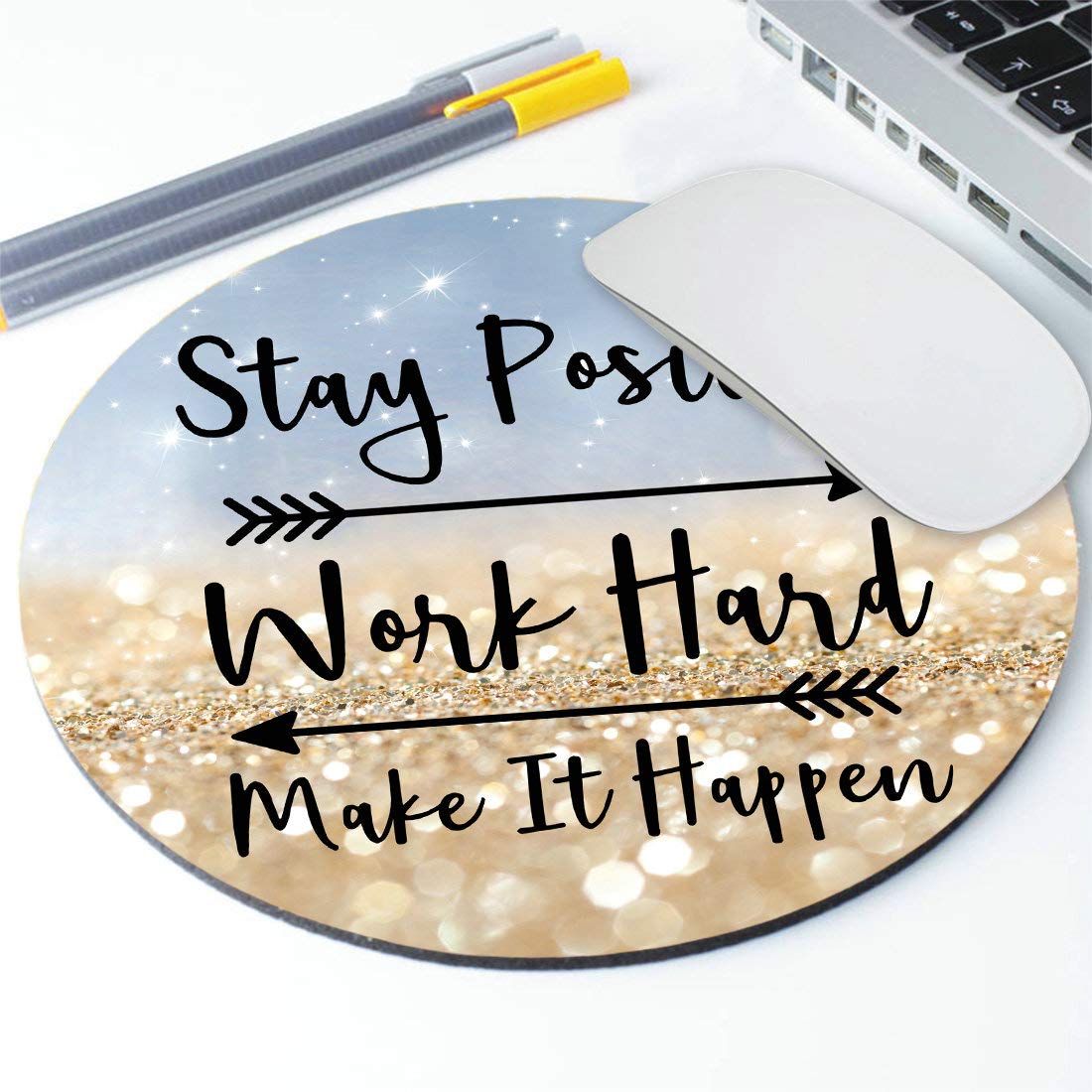 Custom Inspirational Quote Mouse Pad - 'Stay Positive Work Hard Make It Happen' Glitter Round Mousepad (7.9x7.9x0.12 Inch) - Motivational Office & Gaming Desk Accessory for Work, Study & Computer Use