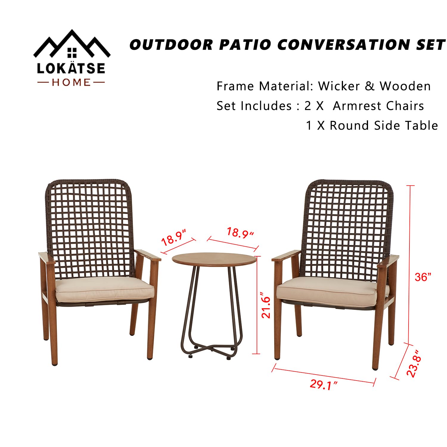LOKATSE HOME Outdoor Patio 3-Piece Conversation Set - Modern Wicker Furniture with 2 Cushioned Chairs & Side Table in Khaki | Perfect for Garden, Backyard, Poolside & Balcony Relaxation