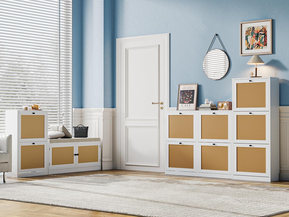 Anmytek Large Natural Rattan Shoe Storage Cabinet with 4 Flip Drawers - Freestanding Adjustable Shelf Shoe Organizer for Entryway, Hallway, Living Room | Perfect for Small Spaces, Closet Organization & Home Decor