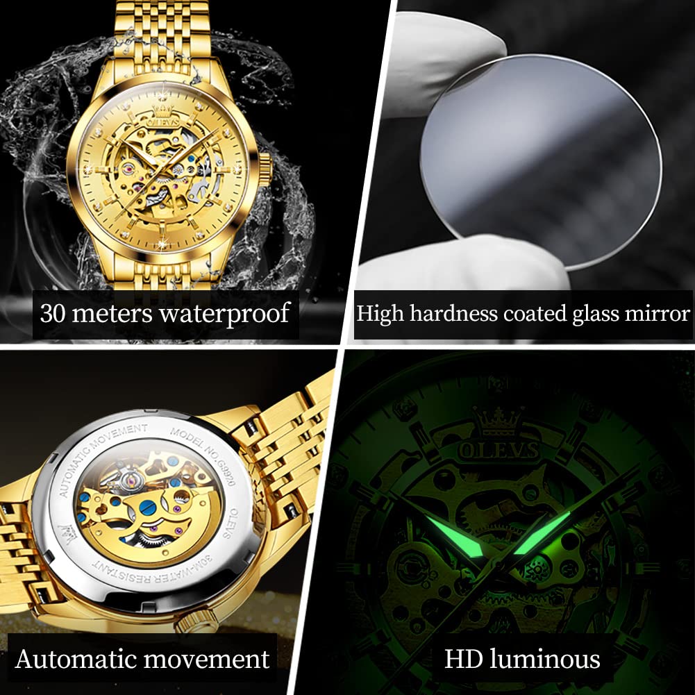 OLEVS Automatic Skeleton Watches for Men - Luxury Mechanical Gold Wristwatch with Diamond Accents, Stainless Steel Case, Waterproof & Luminous - Perfect for Business, Formal Events & Everyday Wear
