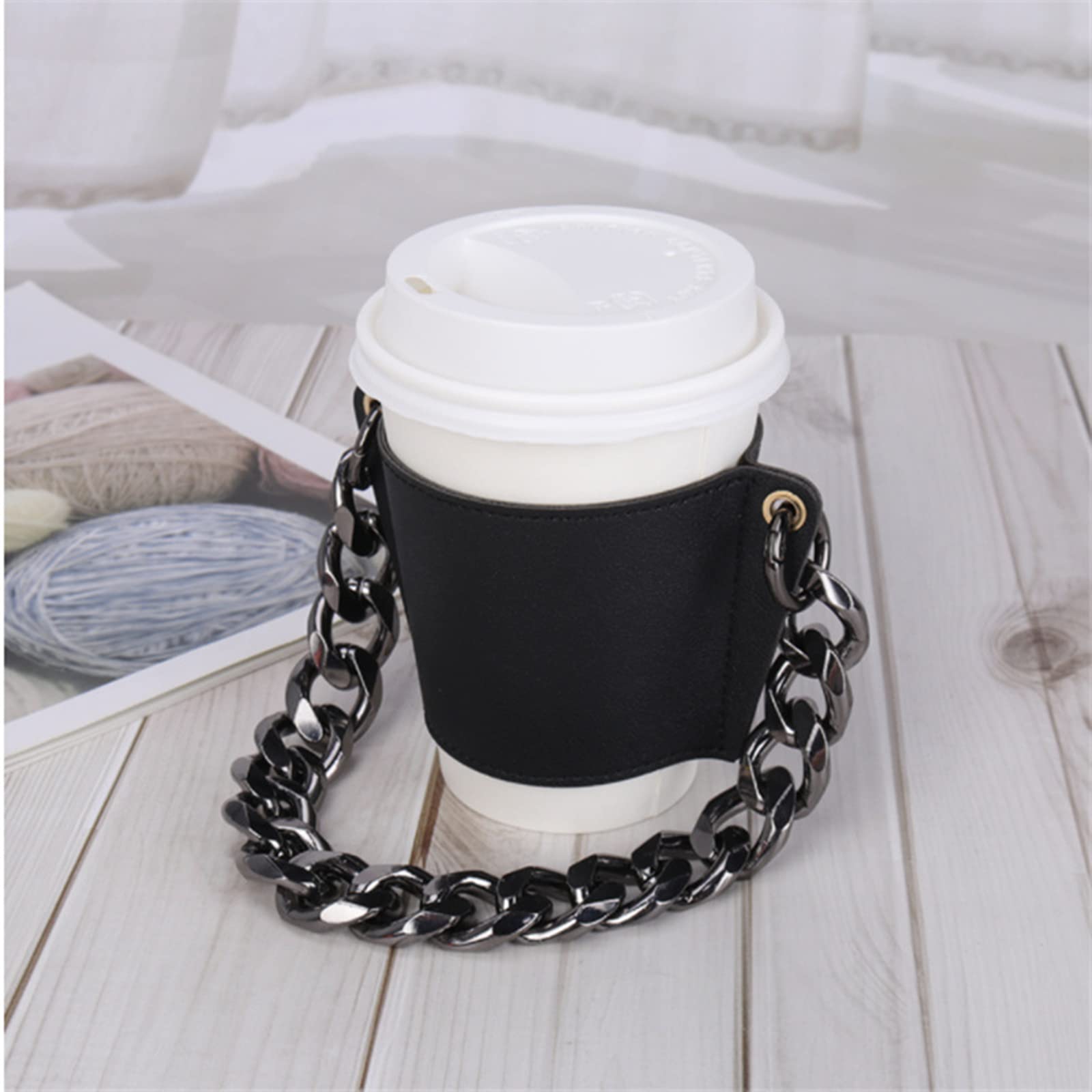 Premium Leather Drink Sleeve with Detachable Metal Chain - Reusable Travel Coffee Cup Holder for Hot/Cold Beverages, Insulated Portable Mug Handle (Black) - Perfect for Office Commute, Road Trips & Outdoor Adventures