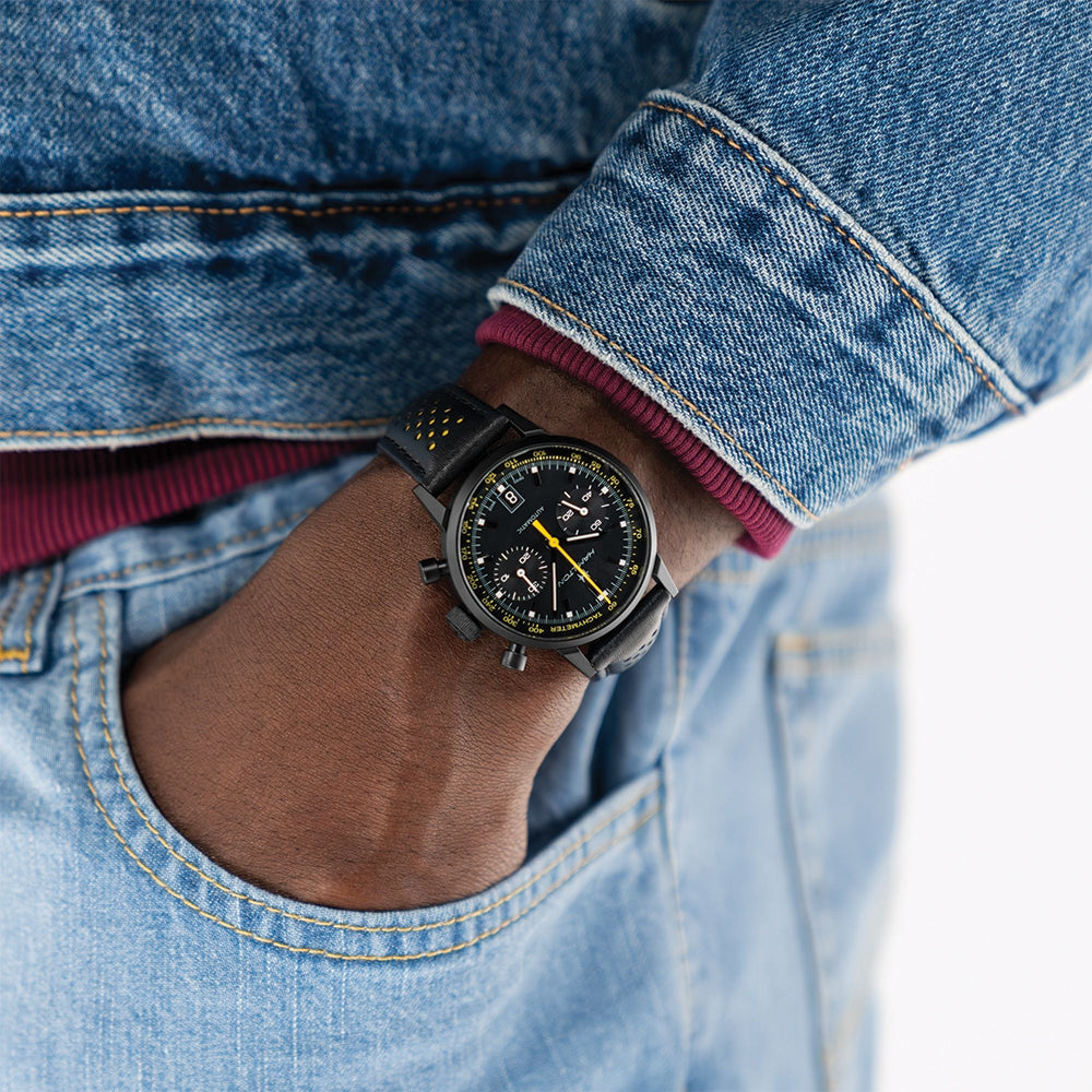 American Classic Intra Matic Automatic Chronograph Watch 40mm - Black PVD Case with Genuine Leather Strap & Yellow Accents | Perfect for Business Meetings, Formal Events & Everyday Wear