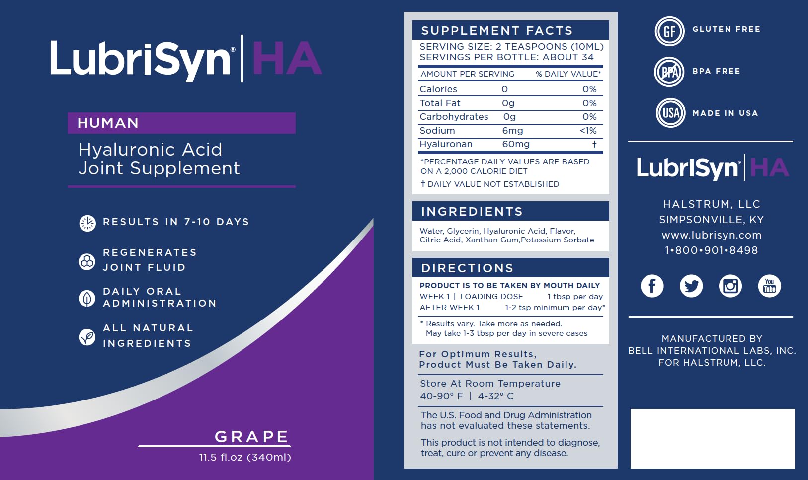 LubriSynHA All-Natural Joint Supplement with High-Molecular Weight Hyaluronic Acid - 3 Pack (11.5oz Each) for Women & Men - Supports Healthy Joint Function, Vegan, Made in USA - Ideal for Active Lifestyles, Sports Recovery & Daily Joint Care