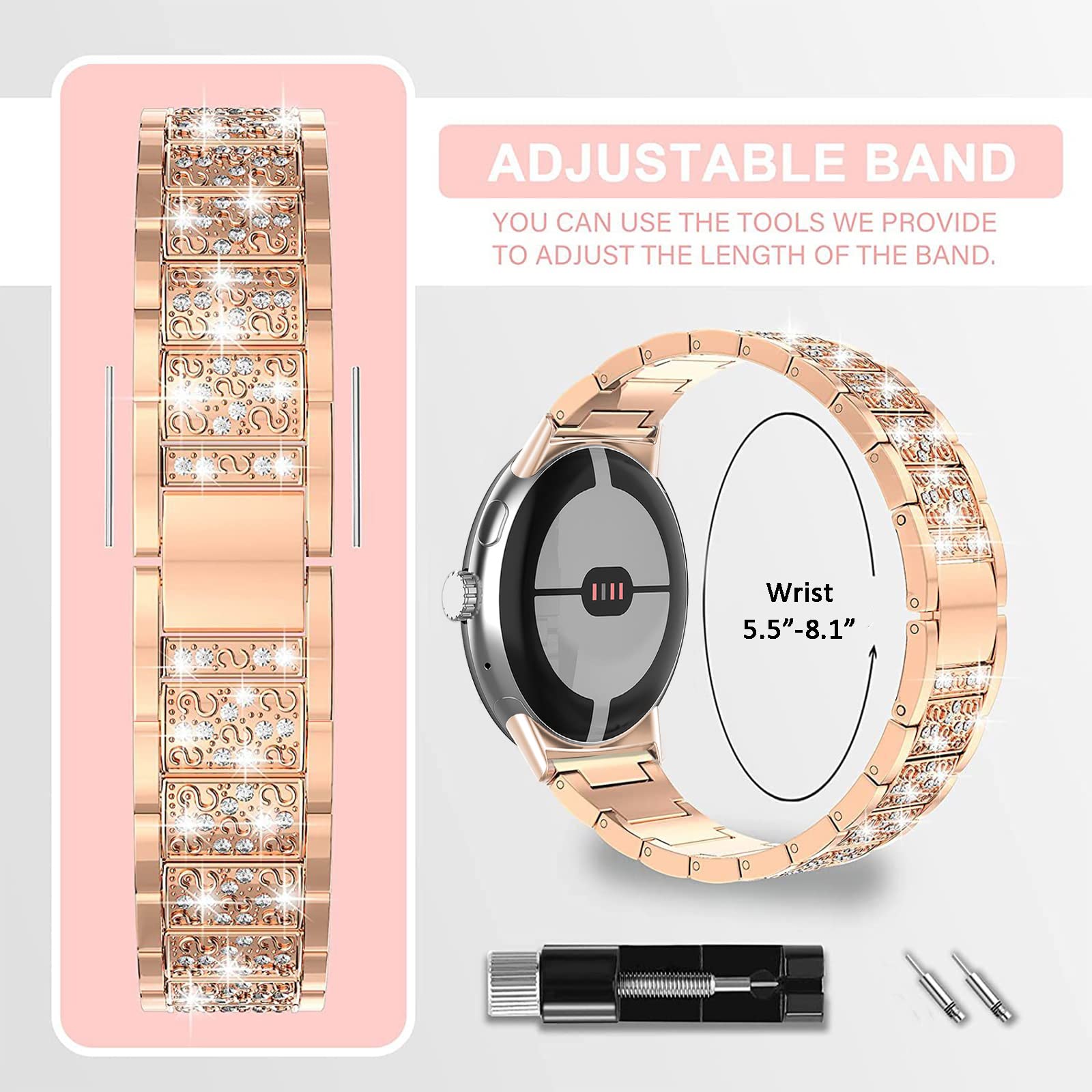 Miimall 41mm Bling Diamond Rhinestone Stainless Steel Band for Google Pixel Watch 3/2 (2024) - Elegant Replacement Strap for Women, Night Out & Special Occasions