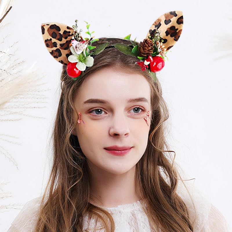 Leopard Print Headbands with Brown Deer Hair Hoop - Reindeer Antlers Hair Accessories for Women | Halloween Costume Party, Christmas Theme Events & Cosplay
