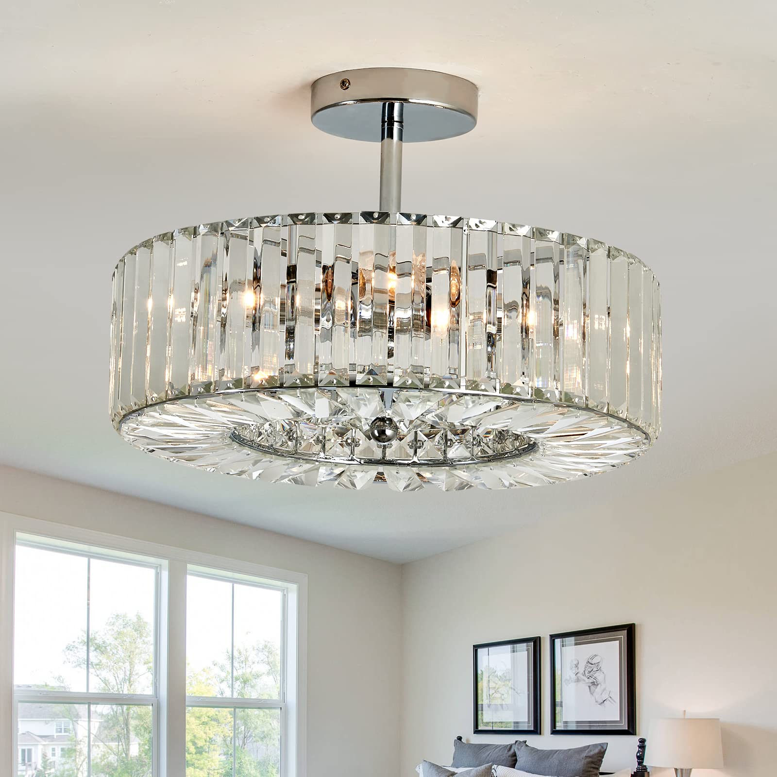 4-Light Modern Crystal Chandelier - Round Semi-Flush Mount Ceiling Light Fixture in Chrome Finish - Farmhouse Style Lighting for Dining Room, Living Room, Bedroom, Hallway, Entryway & Kitchen - Perfect for Home Decor, Wedding Venues and Restaurant Ambiance