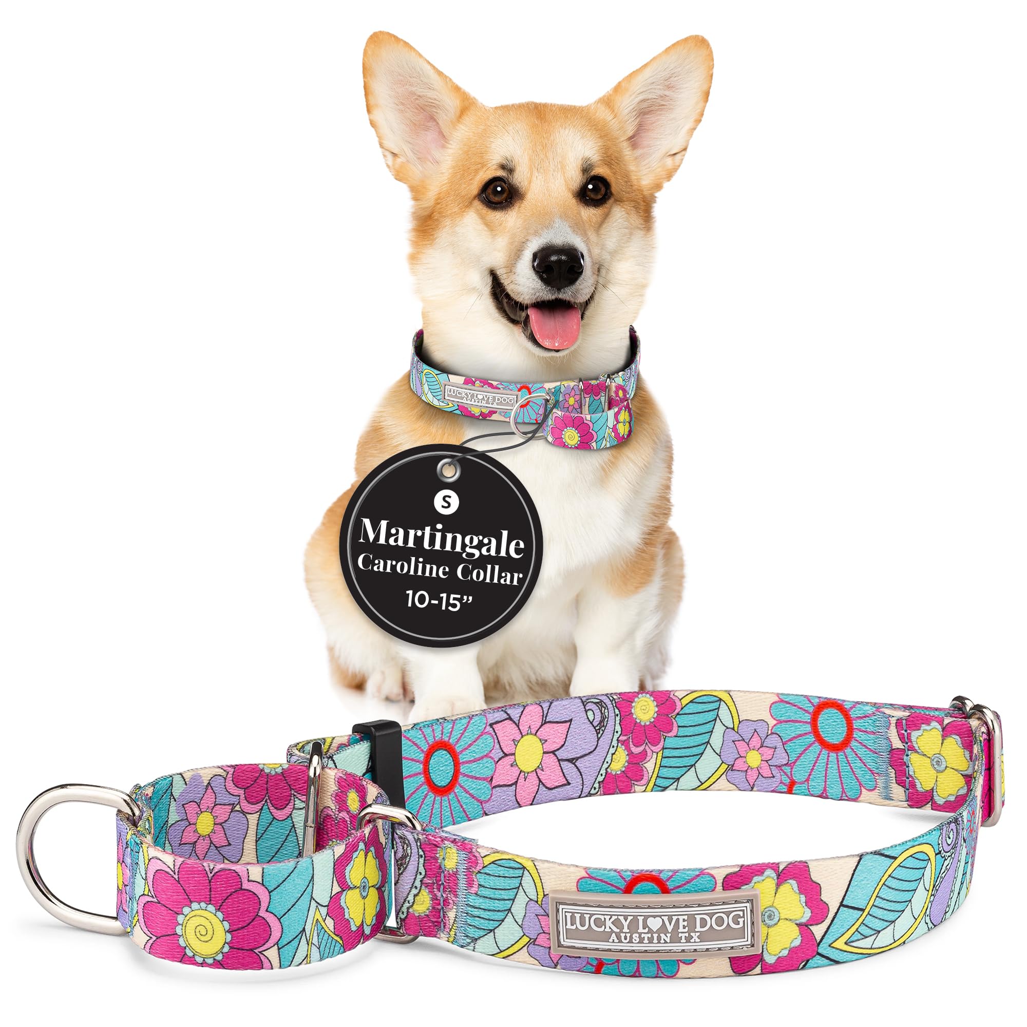 Lucky Love Dog Martingale Collar - Adjustable No-Slip Soft Webbing Dog Collar for Training & Walking - Durable Caroline Pattern Collar for Small Dogs - Perfect for Daily Walks, Obedience Training & Outdoor Adventures