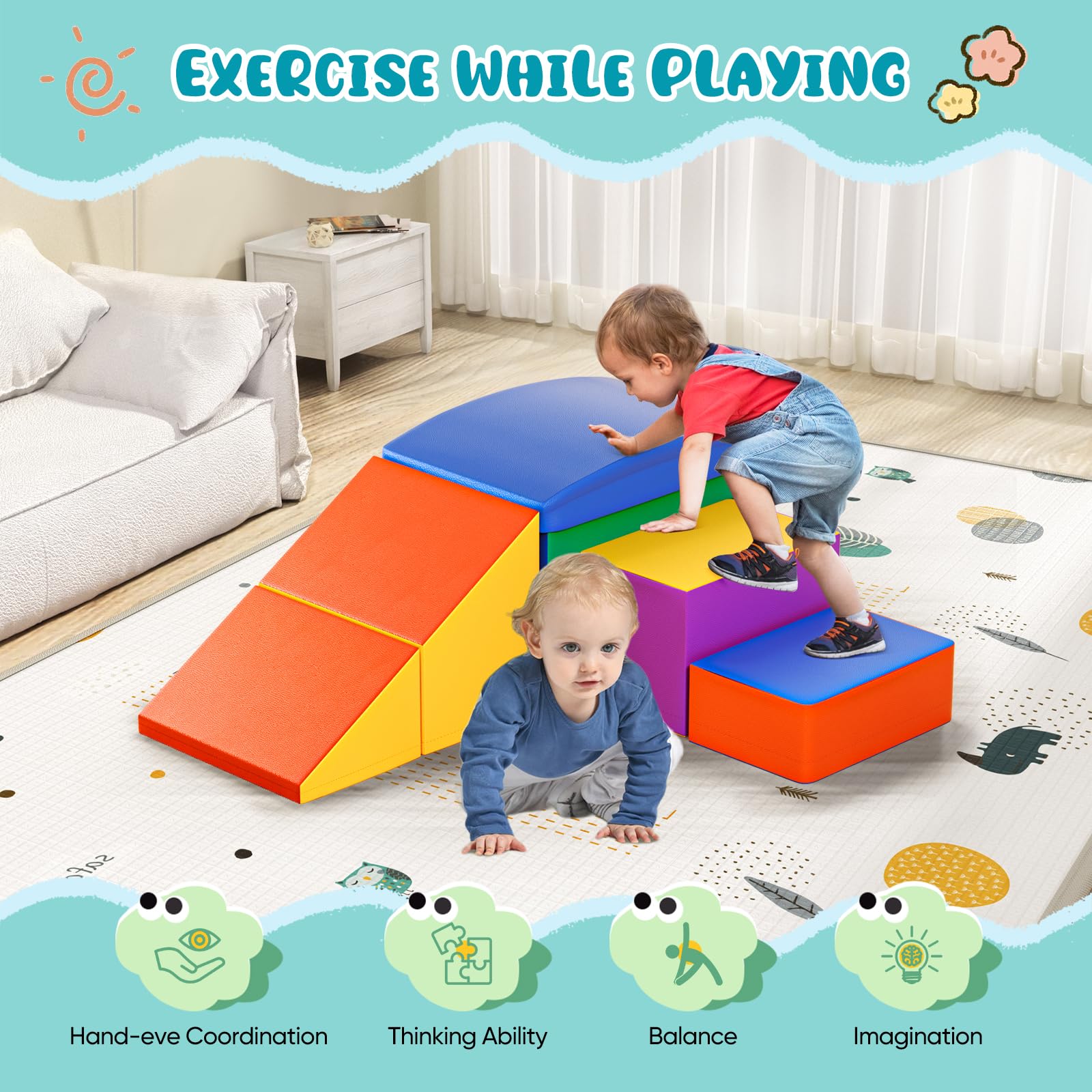 Lischwert Soft Foam Toddler Climbing Toys Set - 6-Piece Indoor Play Gym with Slide, Stairs & Ramp - Safe Kids Climbing Equipment for Toddlers & Children - Perfect for Playrooms, Daycares & Home Use (Colorful)