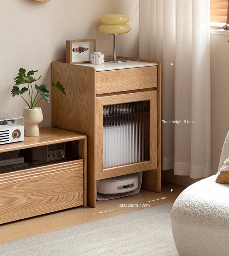 Solid Oak Wood Side Cabinet for Robot Vacuum Storage - Modern Rock Slab Design - Perfect for Living Room, Bedroom, or Home Office Organization