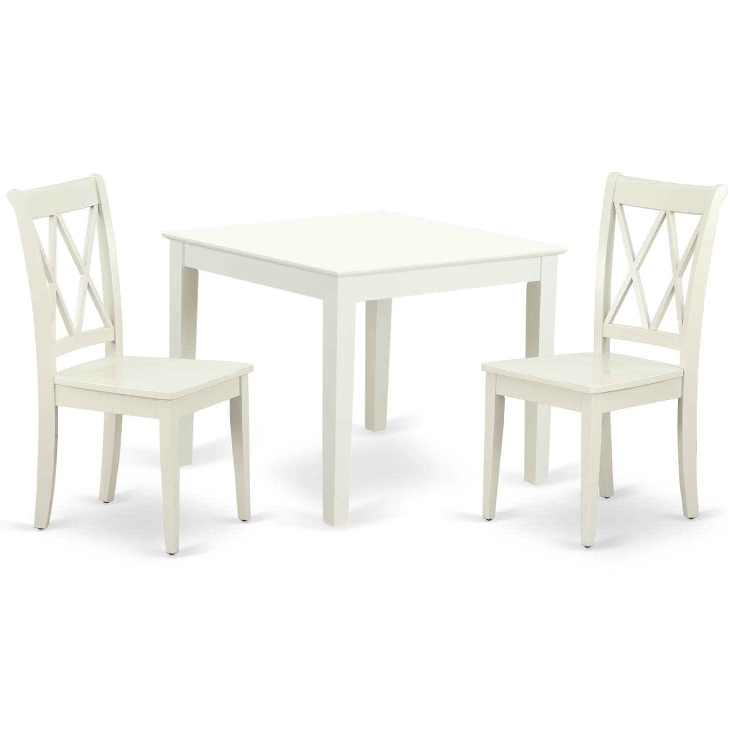 East West Furniture OXCL3-LWH-W 3-Piece White Kitchen Table Set with Square Dining Table & 2 Chairs for Small Spaces - 36x36 Inch Compact Dining Set - Perfect for Apartments, Breakfast Nooks & Cozy Kitchens