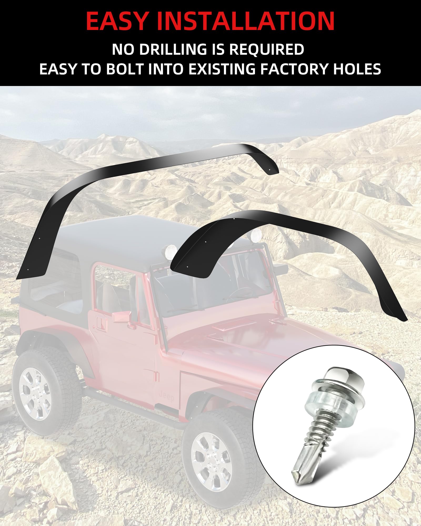 GARVEE 4-Piece Flat Front & Rear Fender Flares for 1987-1995 Jeep Wrangler YJ | Heavy Duty Metal Steel Wheel Liners | Textured Black Finish | Off-Road Protection & Style Upgrade