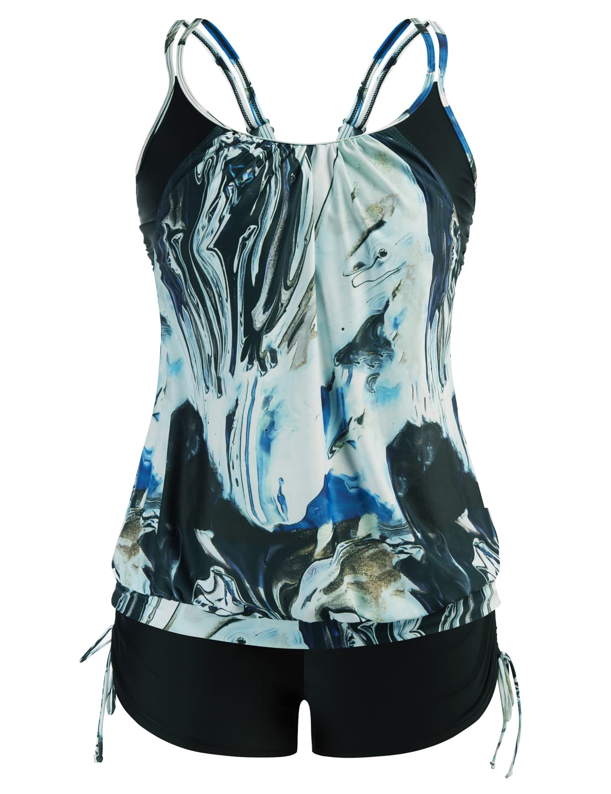 Hanna Nikole Women's Plus Size Striped Printed Strappy Tankini Top with Shorts - 2 Piece Swimsuit Set for Beach, Pool & Summer Vacation