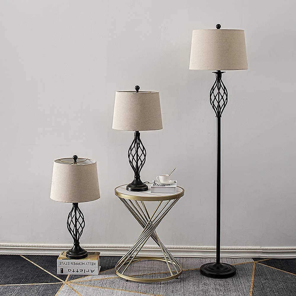 Maxax 3-Piece Vintage Lamp Set - Table Lamps & Floor Lamp with Metal Base & Oatmeal Fabric Shade for Living Room, Bedroom, Dining Room - Black Finish | Perfect for Home Decor, Cozy Ambiance & Reading Nook Lighting