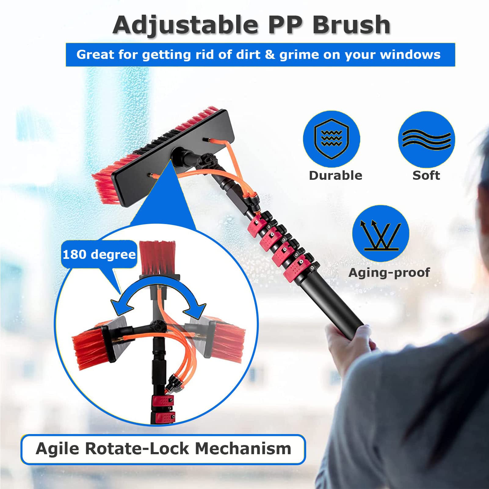 ANUU Water Fed Pole Window Cleaning Kit - 20FT/6M Aluminum Extendable Pole with 30cm Brush & Hose - Professional Outdoor Cleaning System for Windows, Solar Panels, Glass Surfaces - Perfect for High-Rise Buildings, Hard-to-Reach Areas & Commercial Cleaning