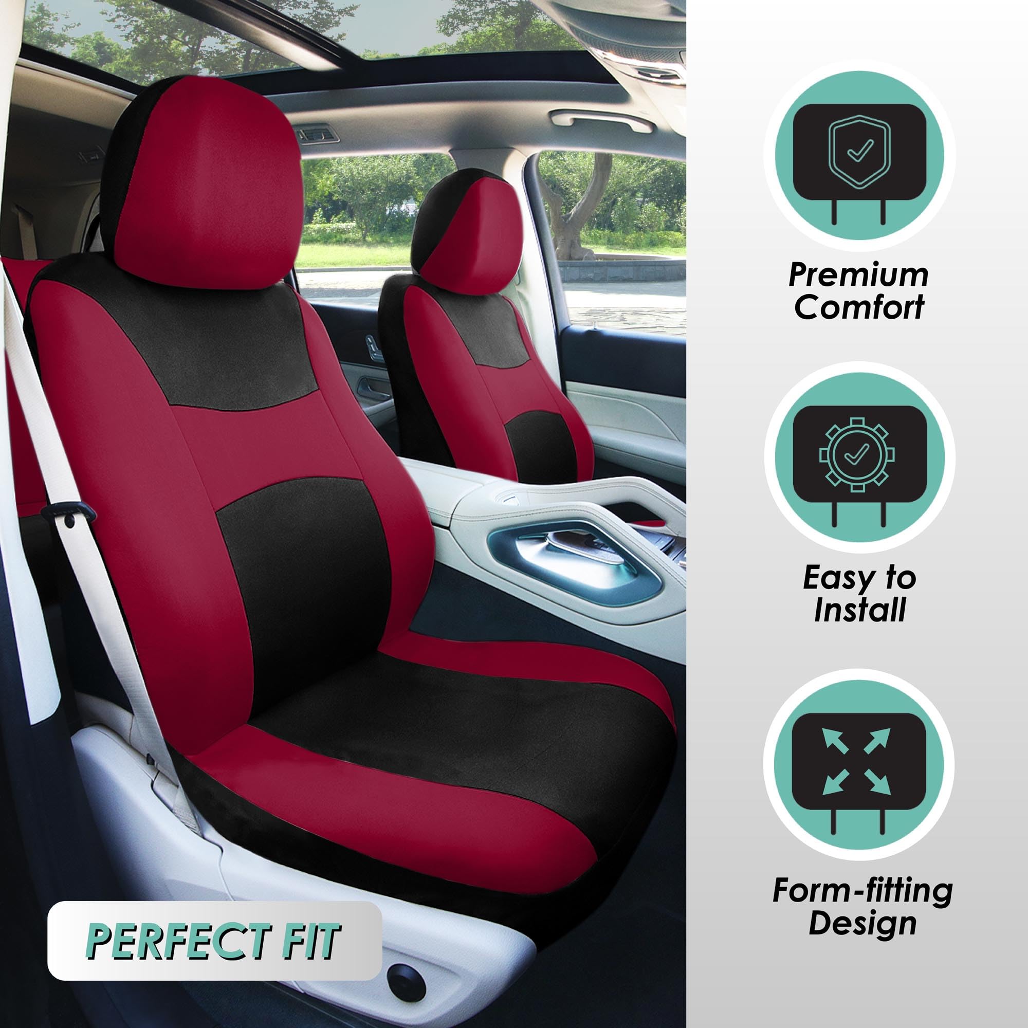 TLH Lightweight Breezy Car Seat Covers Full Set - Burgundy Flat Cloth, Airbag Compatible with Floor Mats - Universal Fit for Cars, Trucks & SUVs | Perfect for Road Trips, Daily Commutes & Protecting Your Vehicle Interior