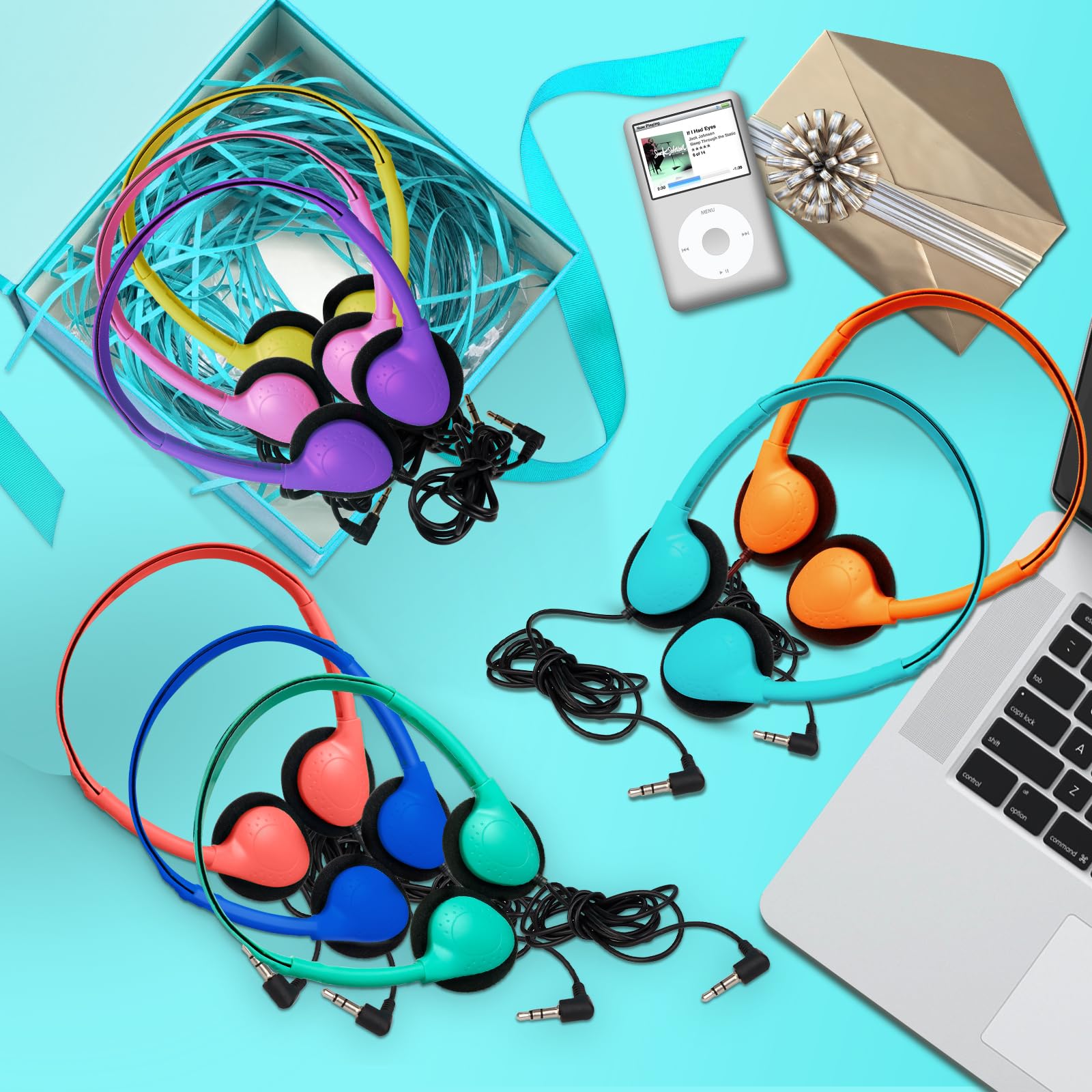 20 Pack Bulk Classroom Headphones for Students - Durable Kids School Headphones with 3.5mm Jack for Chromebook, Laptop, PC - Mixed Colors - Perfect for Online Learning, Computer Labs & Distance Education