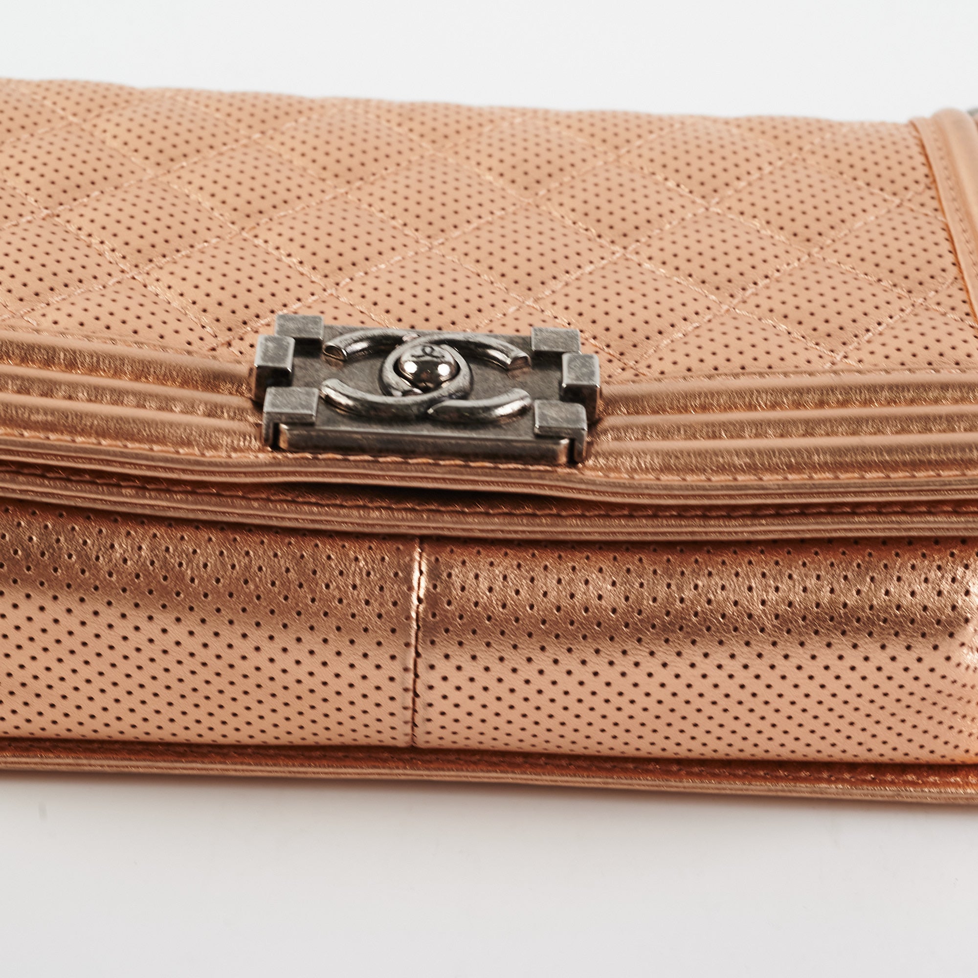 Chanel Boy Bag Perforated Rose Gold Leather Handbag - Luxury Designer Crossbody Bag for Women | Perfect for Parties, Date Nights & Special Occasions