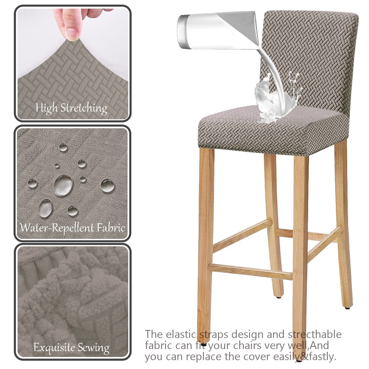 Stretch Jacquard Bar Chair Covers with Backrest - Washable & Removable Slipcovers for Dining Chairs, Bar Stools & Rotating Chairs (Set of 4, Taupe) - Perfect for Home, Cafe & Restaurant Decor