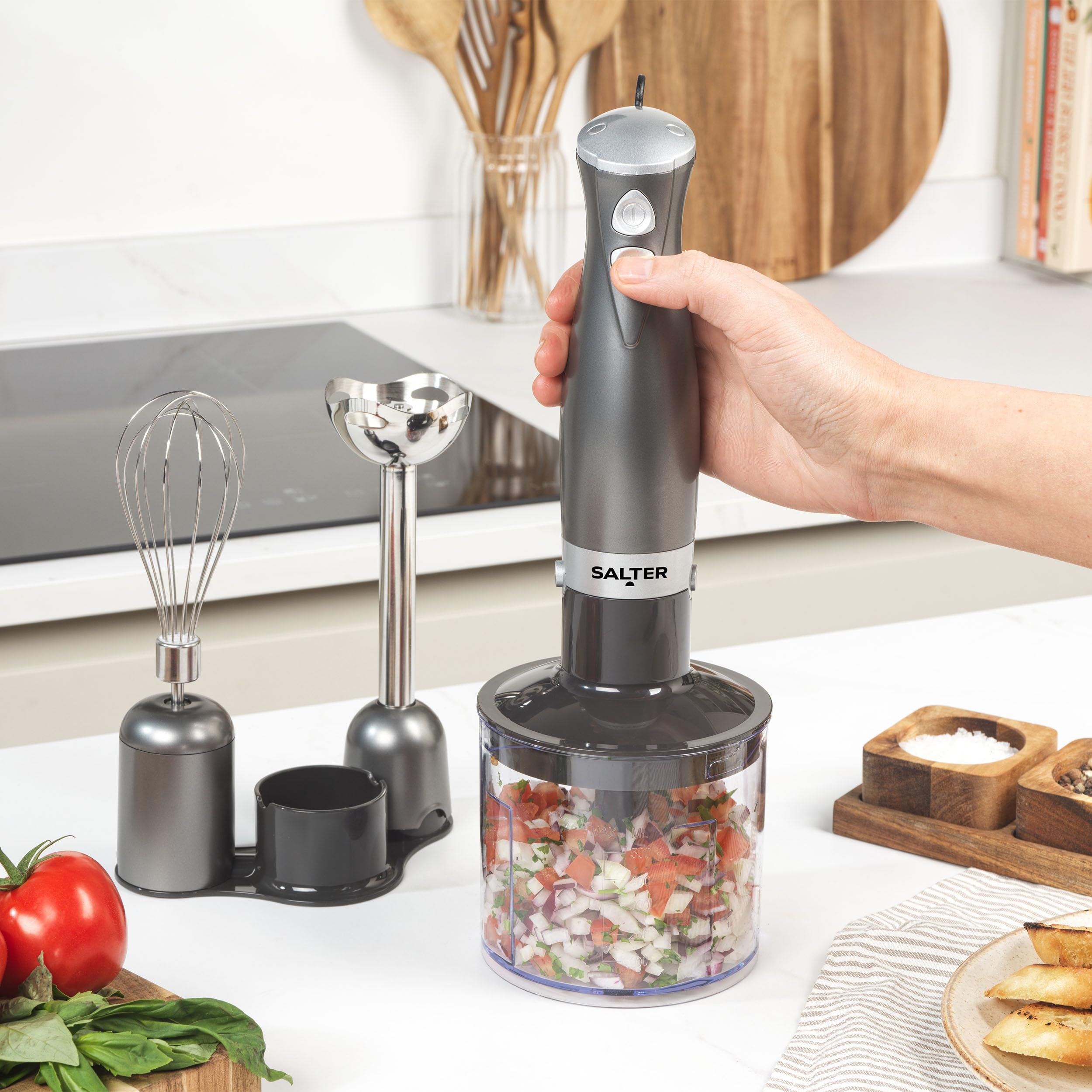 Salter Cosmos 3-in-1 Hand Blender - 350W Immersion Blender with Whisk, Chopper & Food Processor Attachments, 500ml Stainless Steel Bowl, 2 Speed Settings for Smoothies, Soups & Meal Prep - EK2827GUNMETAL