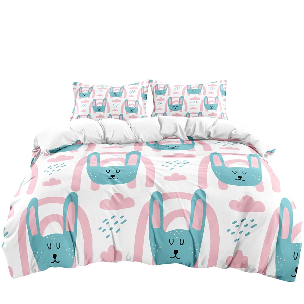 Cute Rabbit Duvet Cover Twin Size - Pink Cloud Comforter Cover Set with Pillow Sham - Soft Microfiber Cartoon Animal Bedding for Boys & Girls - Perfect for Kids' Room, Nursery, and Cozy Bedtime