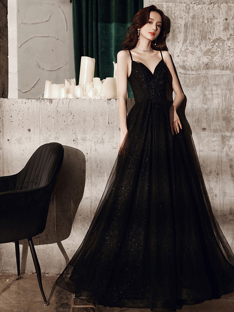 Elegant Black V-Neck Tulle Lace Long Prom Dress for Women - Perfect for Evening Gala, Homecoming, and Formal Events