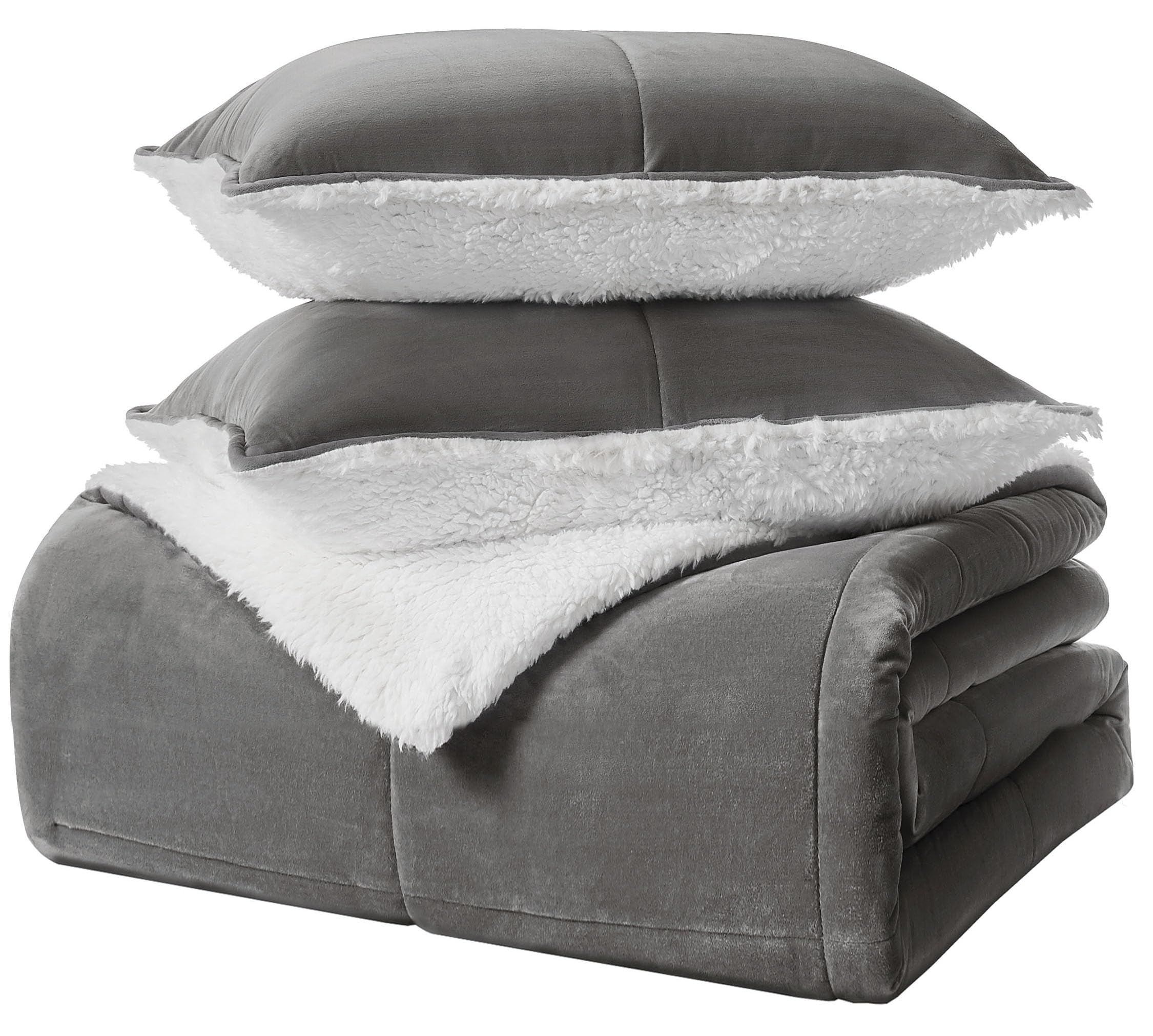 UGG Blissful Reversible Full/Queen Comforter Set - Plush Fluffy Down Alternative Bedding with 2 Pillow Shams | Hypoallergenic, Breathable & Warm | White & Seal Gray | Perfect for Cozy Winter Nights & Bedroom Decor