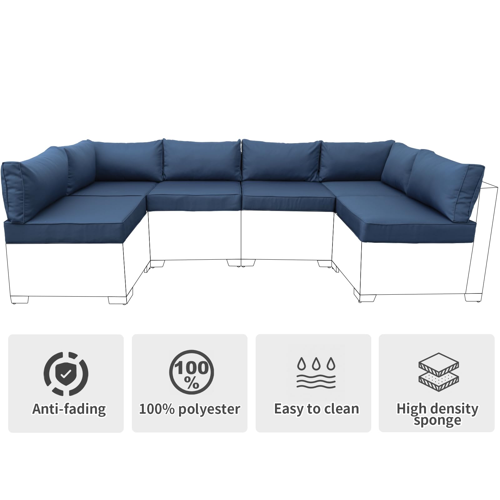Valita 14-Piece Outdoor Replacement Cushions Set for 6-Seat Sectional Rattan Furniture - Water-Resistant Patio Sofa Cushions with Liner & Cover (Navy Blue) - Perfect for Backyard, Poolside, and Garden Conversation Areas