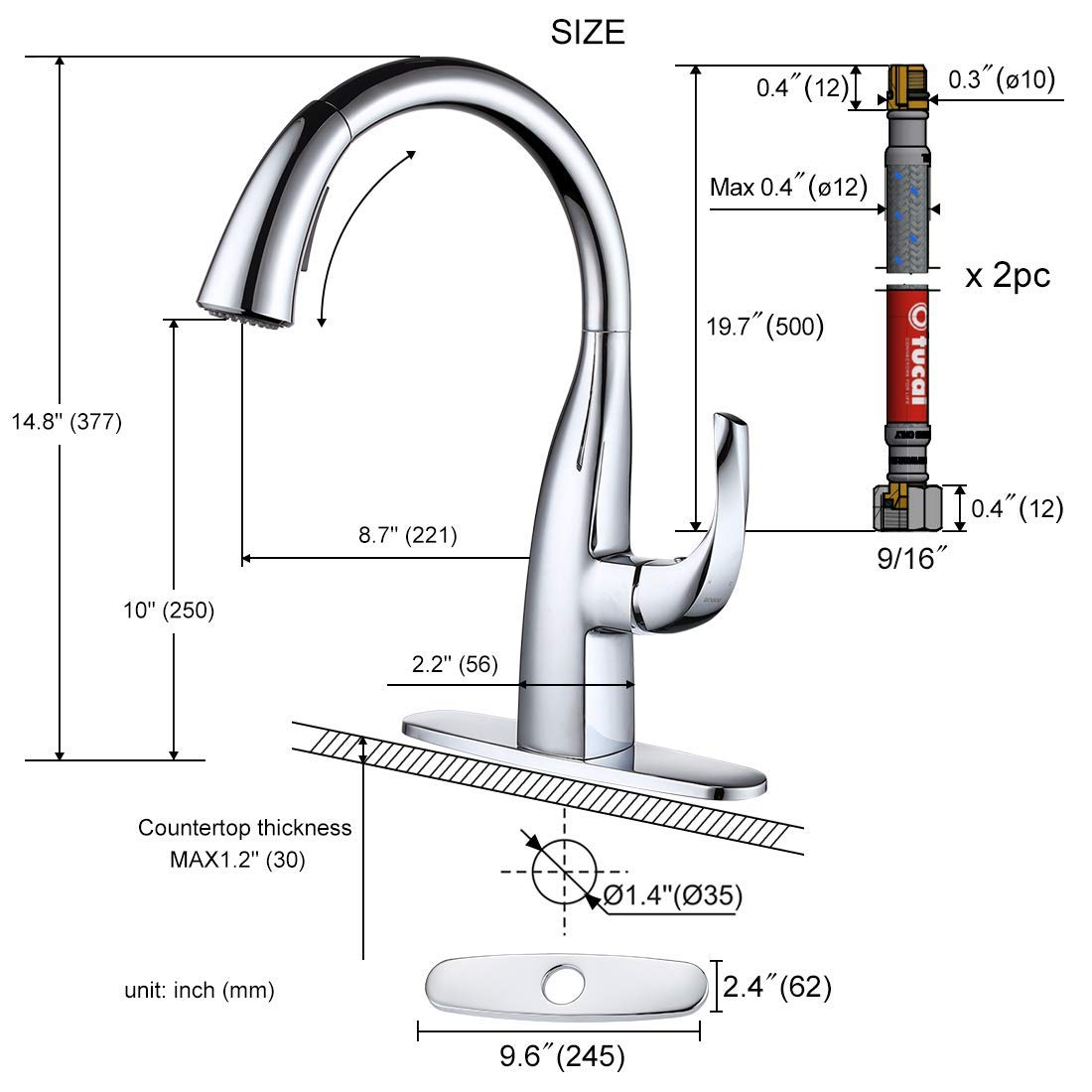 WOWOW Pull Down Kitchen Faucet with Dual Function Sprayer & 4