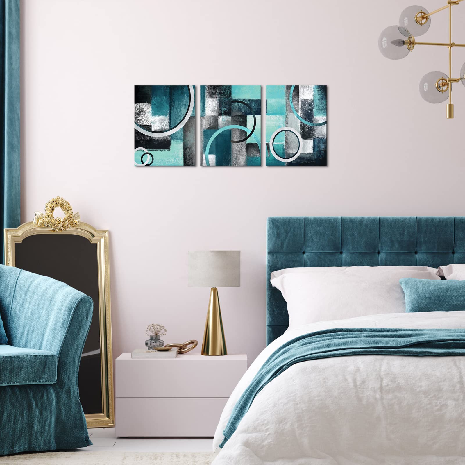 Abstract Geometric Canvas Wall Art - Teal & Grey Prints for Living Room & Bedroom Decor