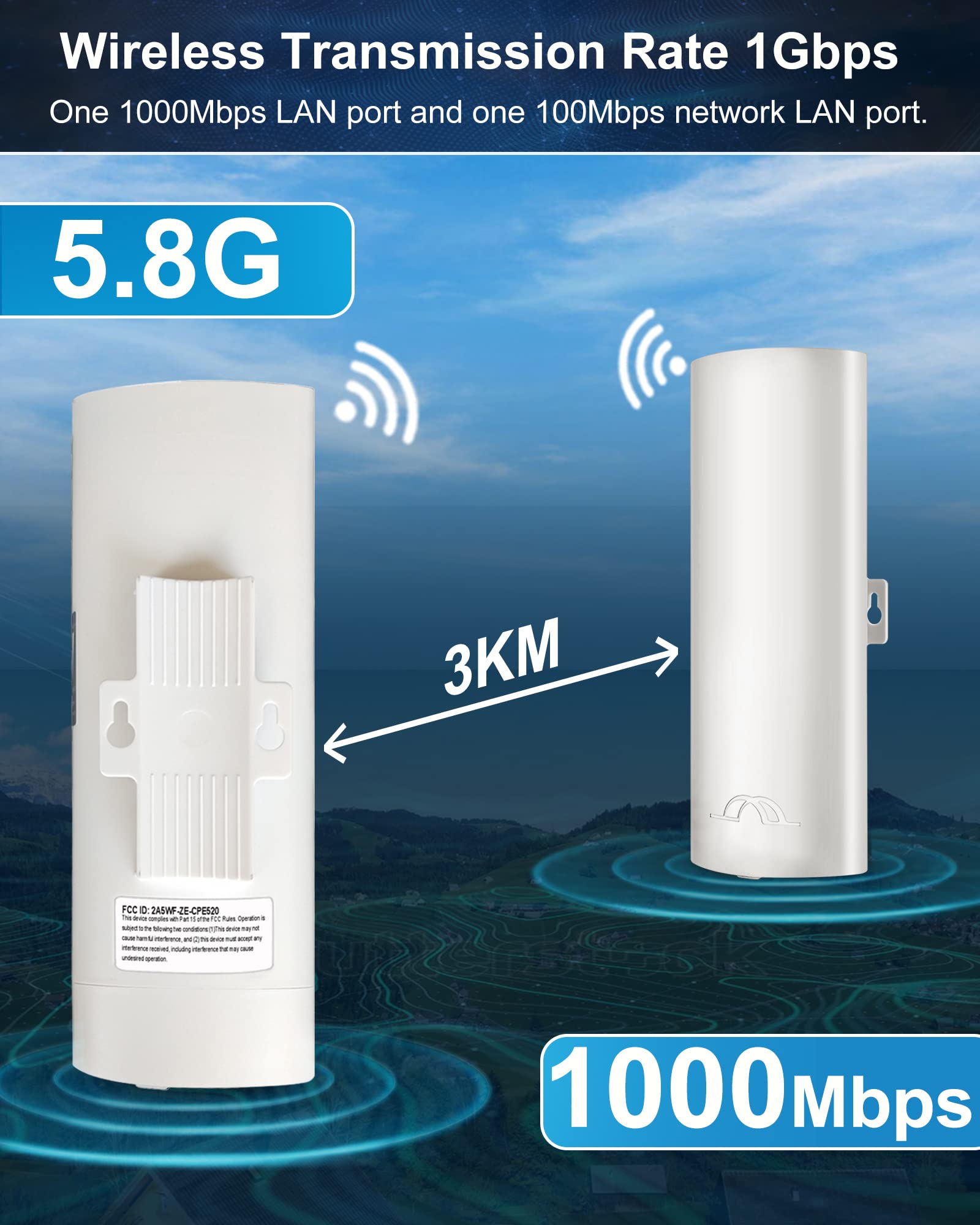Bluedery CPE1200 5.8G Wireless Bridge - 1Gbps High-Speed Point to Point WiFi Outdoor CPE with 16dBi High-Gain Antenna | Long Range up to 3KM | Plug & Play | 24V PoE Power | IP65 Waterproof | 2-Pack | Ideal for Remote Offices, Security Cameras & Farm Connectivity