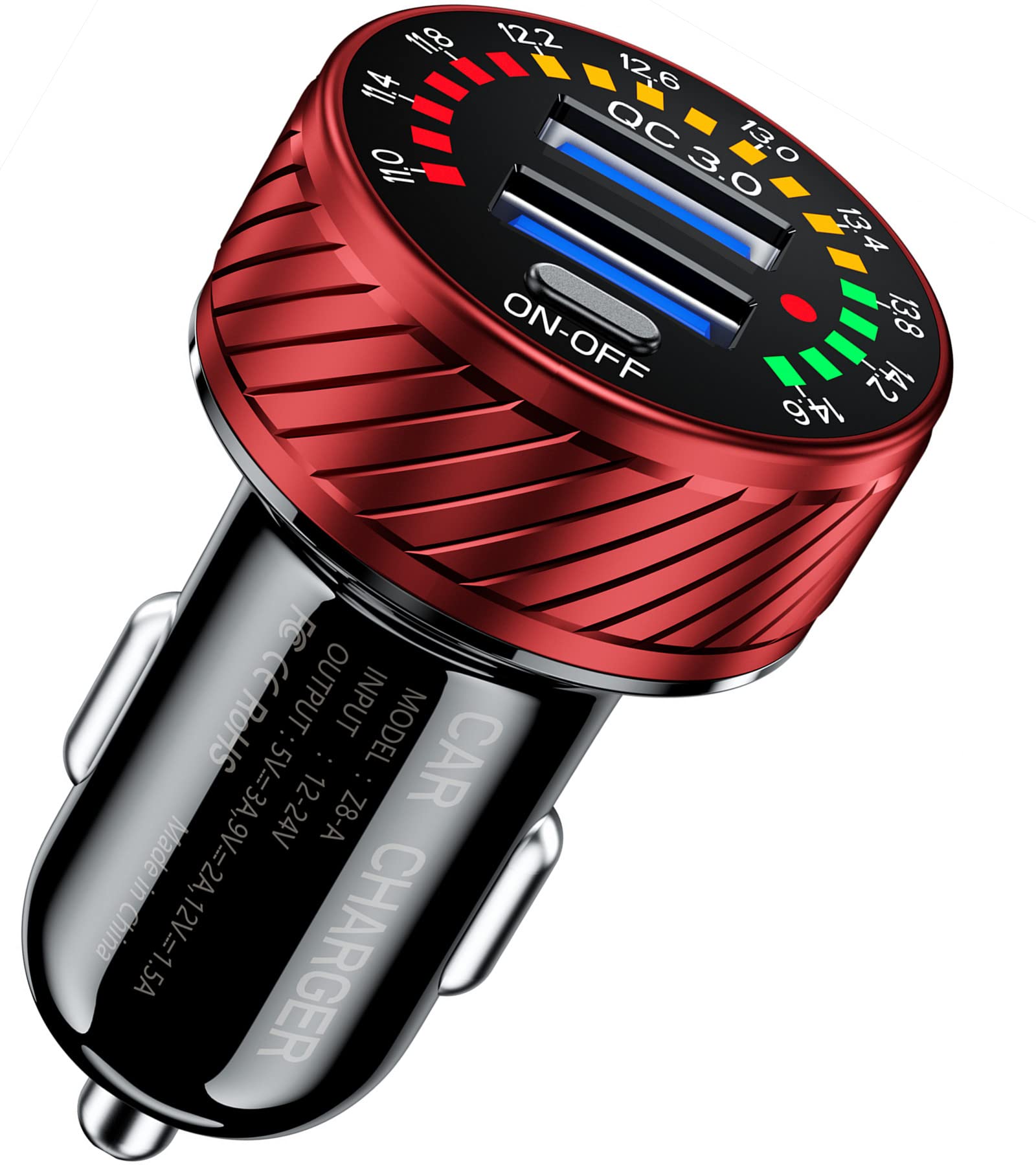 KEWIG 36W Fast Car Charger with Dual QC3.0 USB Ports & Voltmeter - Quick Charge Phone Adapter for iPhone 13/12/11/8, Galaxy S21/20 - Perfect for Road Trips & Daily Commutes (Red)