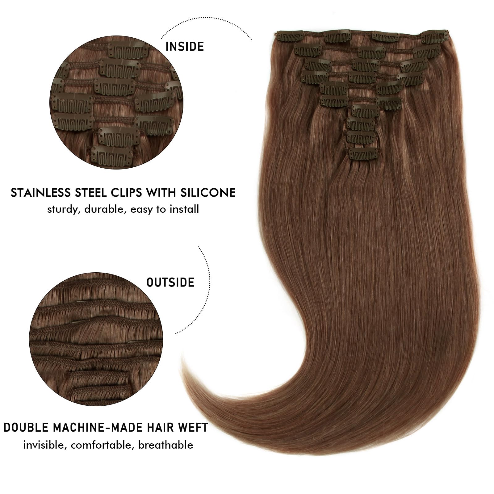 20 Inch 160g Clip-in Human Hair Extensions - Silky Straight, Thick & Voluminous, Chocolate Brown (10 Pieces, 21 Clips) for Parties, Weddings & Daily Styling