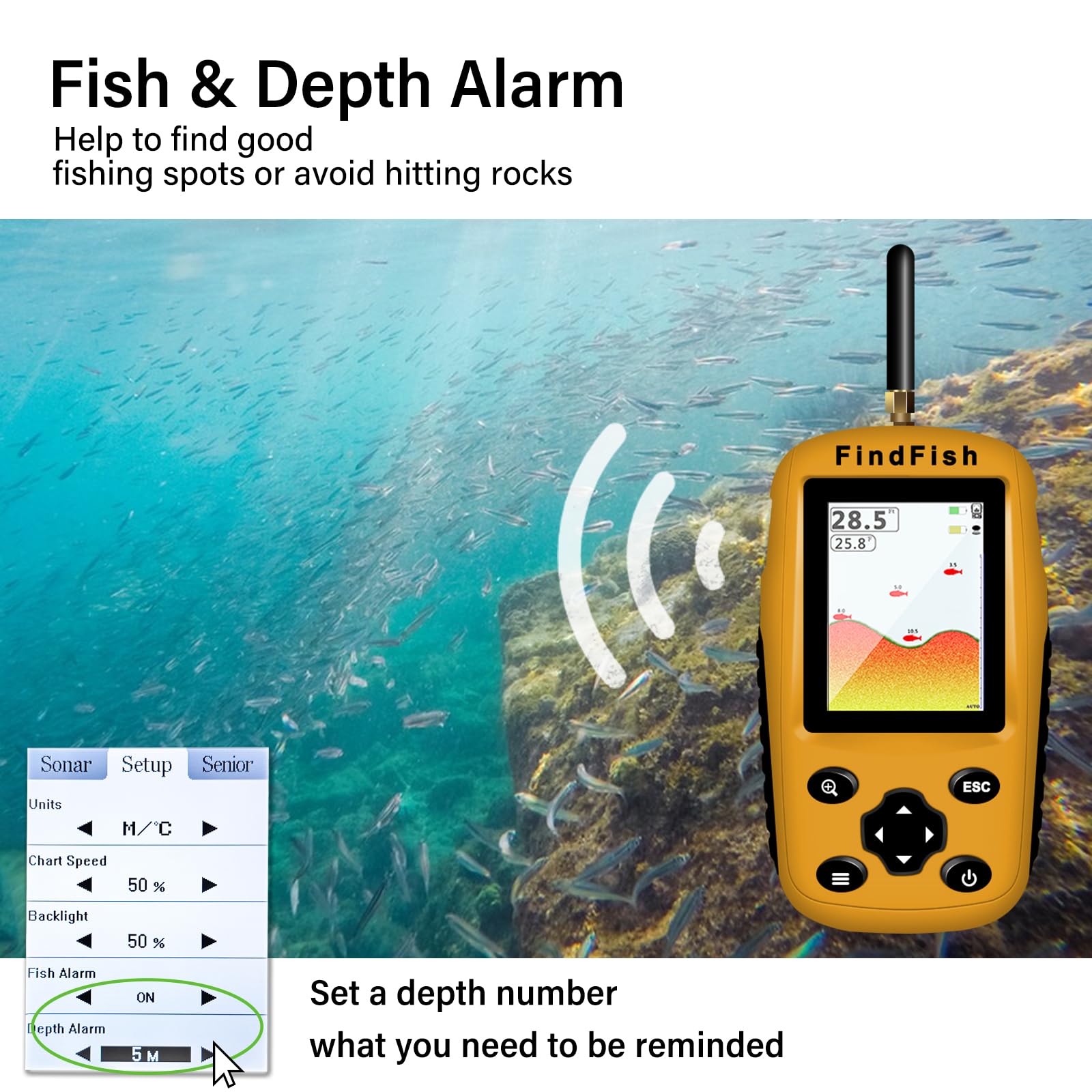 Portable Wireless Fish Finder with Color LED Display - Sonar & Radio 2 Airwave Technology for Boats & Kayaks (100m Range, Black/White Model) | Perfect for Freshwater & Saltwater Fishing, Ice Fishing, and Kayak Angling