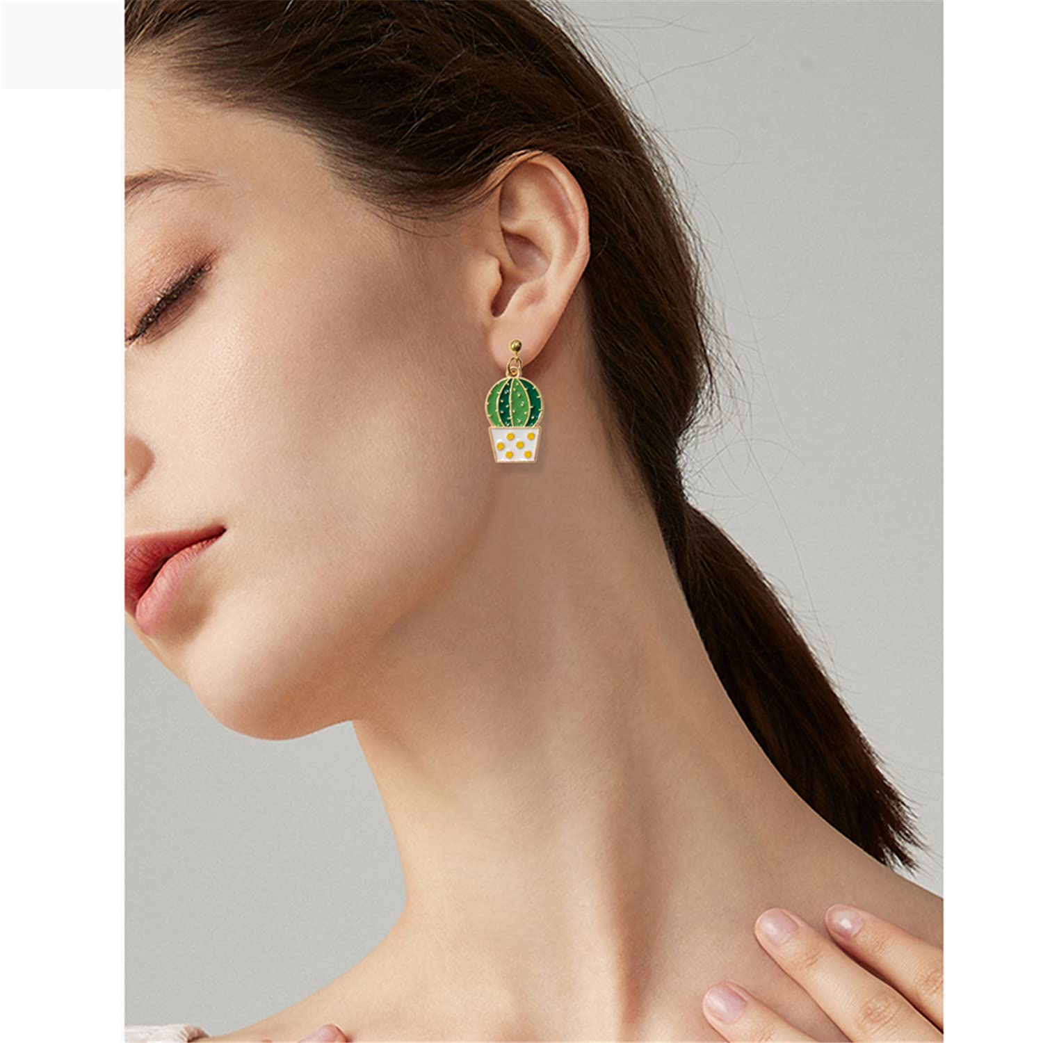 3 Pairs Unique Handmade Lightweight Funny Green Cactus Enamel Drop Earrings for Women - Sweet Creative Potted Plant Stud Earrings - Perfect for Boho Style, Summer Outfits & Gift Giving