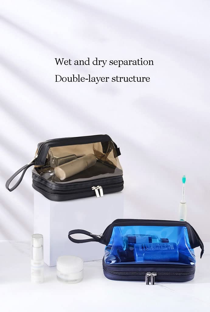 Double Layer Waterproof Travel Toiletry Bag - Clear Portable Cosmetic Organizer for Women & Men - Perfect for Airplane Carry-on, Gym, Camping & Vacation (Black)